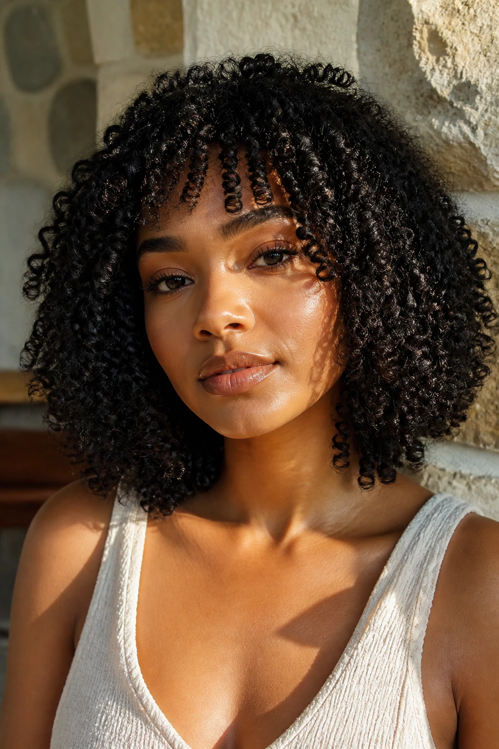 Portrait of real woman with coily curly lob showing rounded ends and shrinkage.