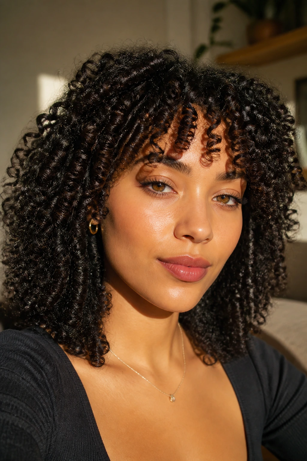 Close-up of a real woman with coily curved bangs following natural coil patterns