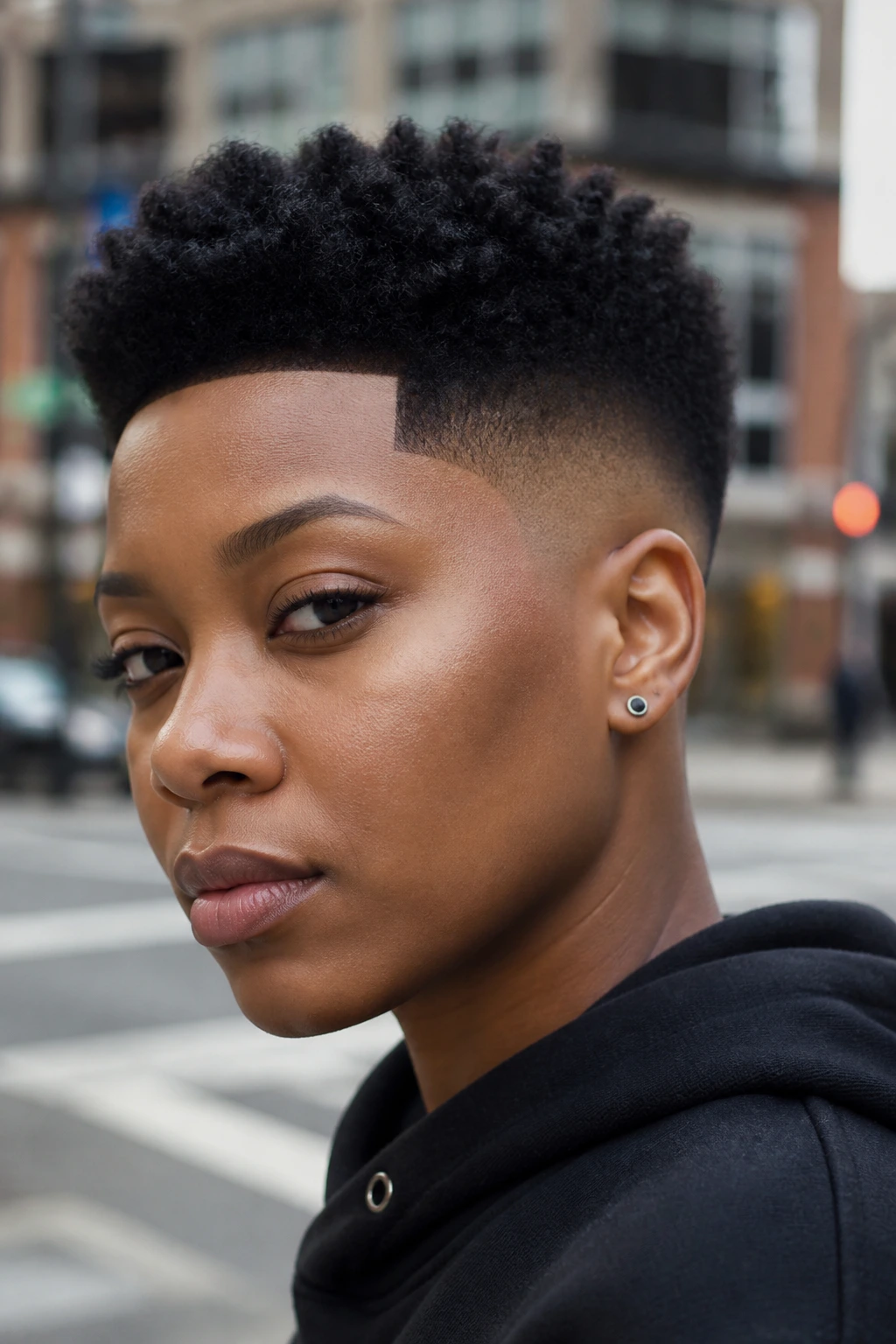 Close-up portrait of a real woman with a coily fade and crisp line-up