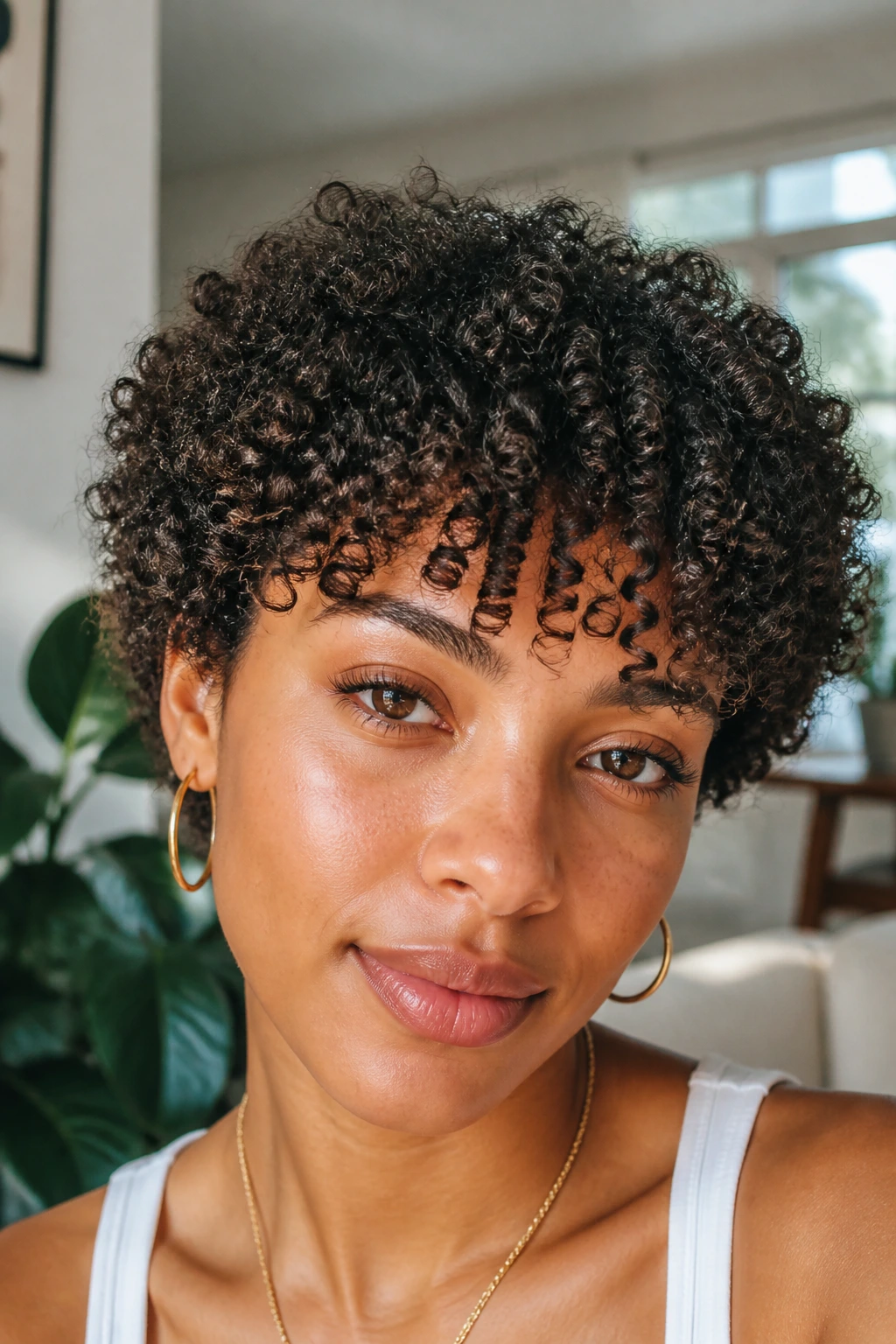Real person with short coily fringe showcasing natural texture