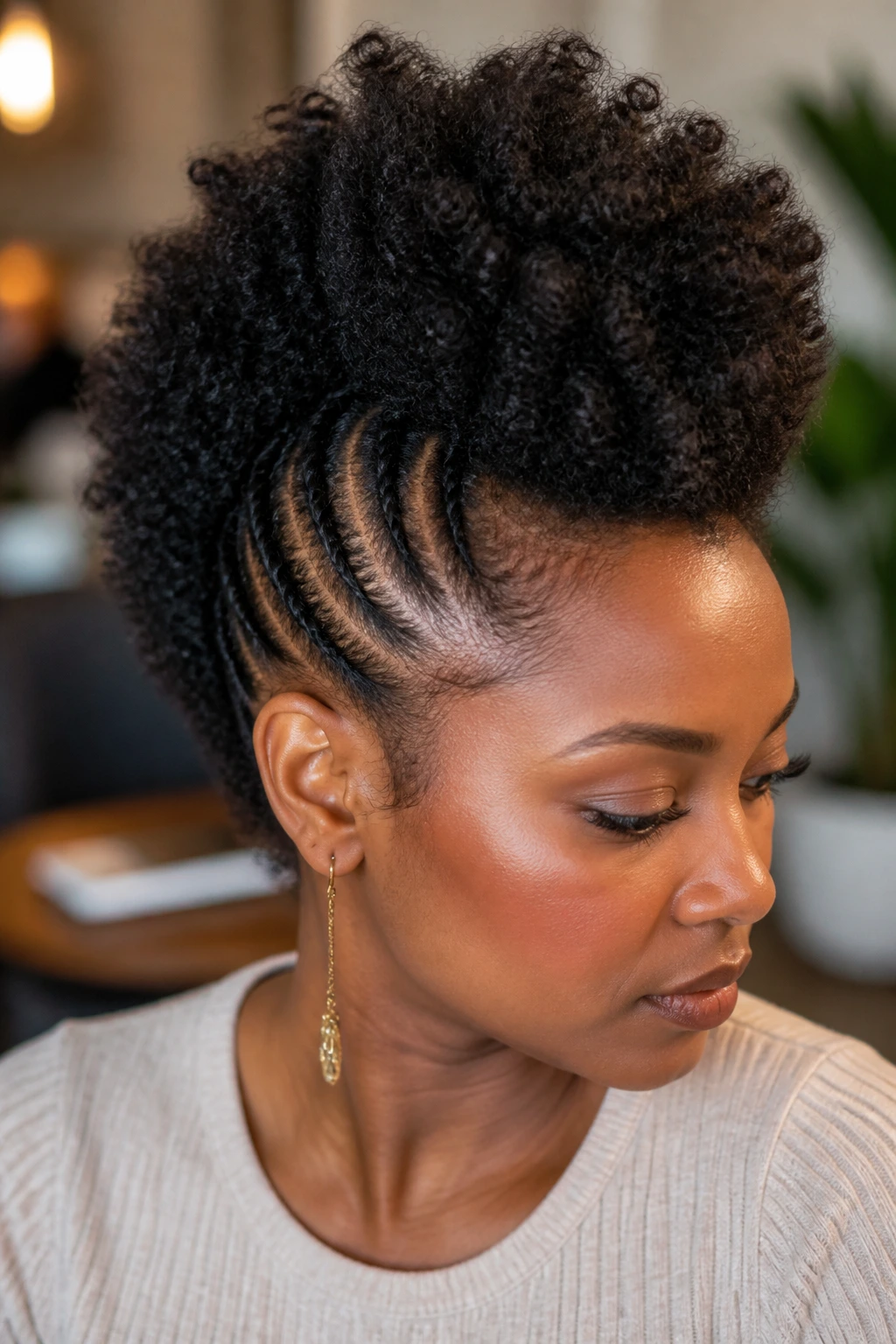 Close-up of a real Black woman's frohawk on coily hair with a stretched center ridge.