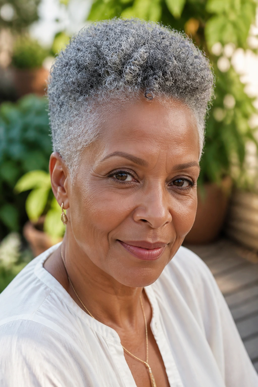 Portrait of a woman with coily tapered gray hairstyle