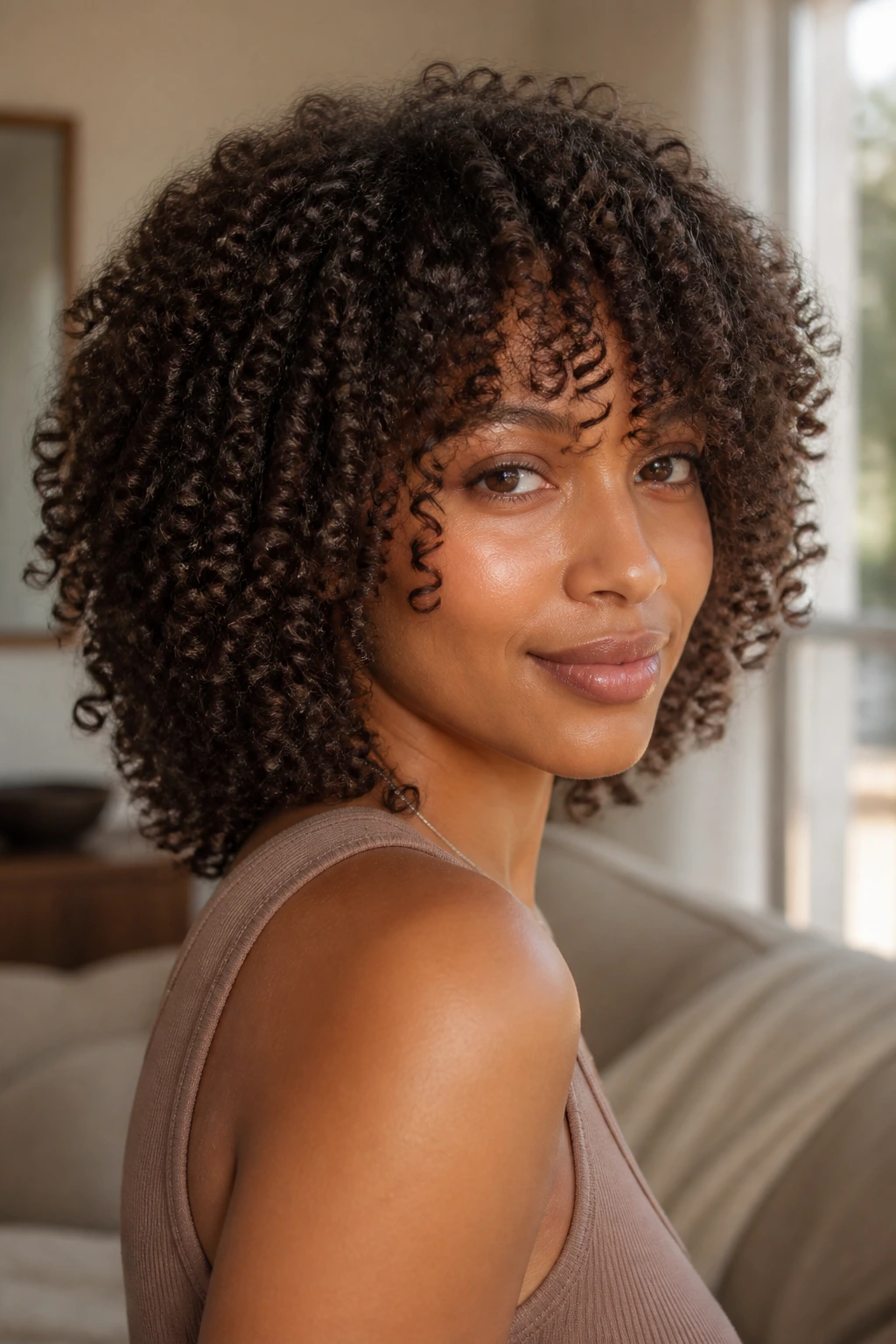 Close-up of a real person with coily layered shape and face-framing bangs in warm natural light