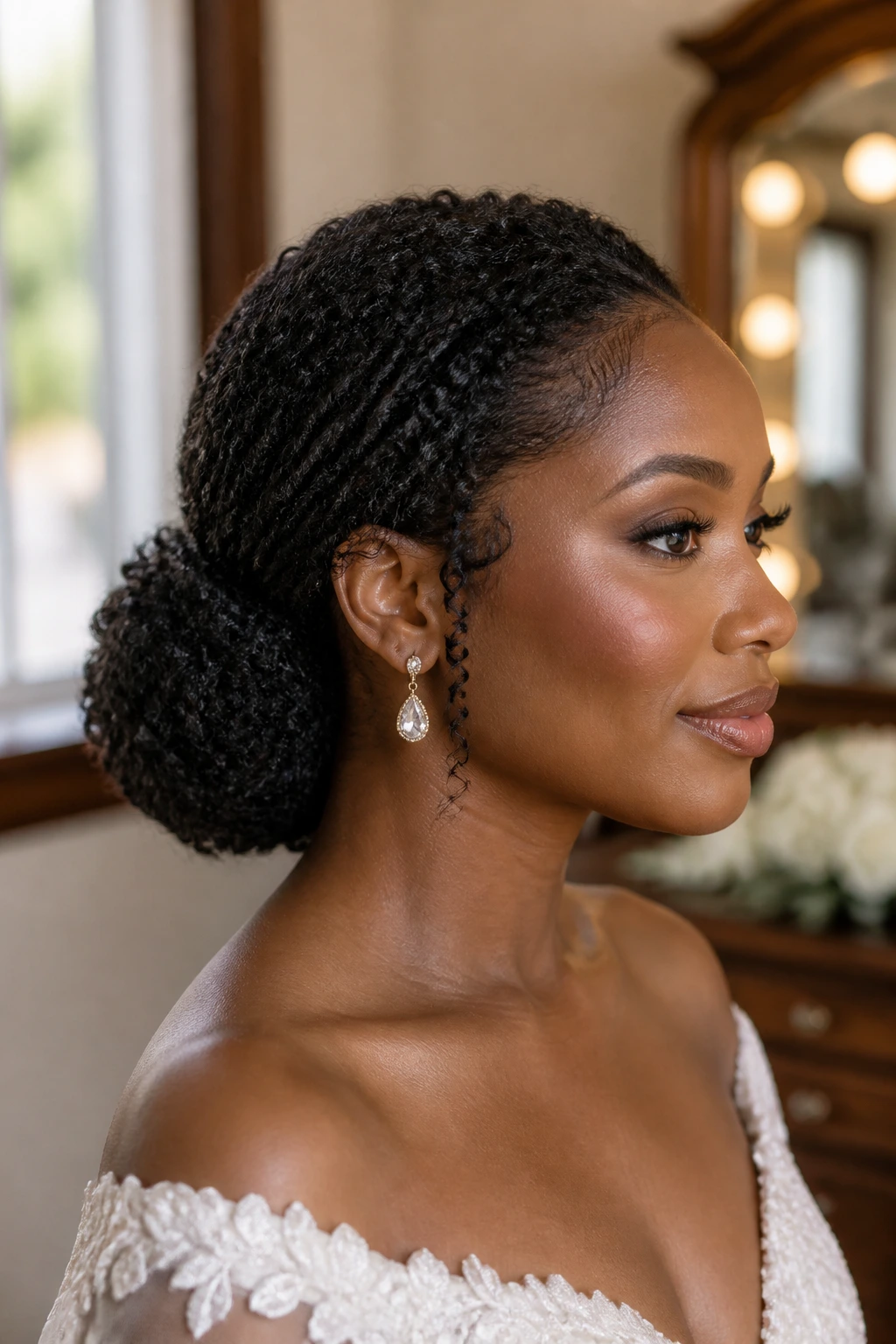 Close-up of a real bride with a coily low bun, showing texture and moisture.