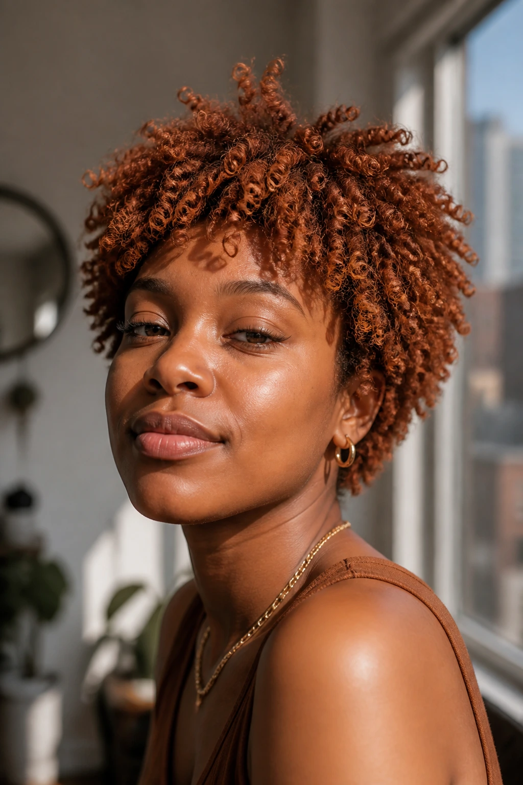 Close-up portrait of a real person with short shag for coily hair in burnt copper