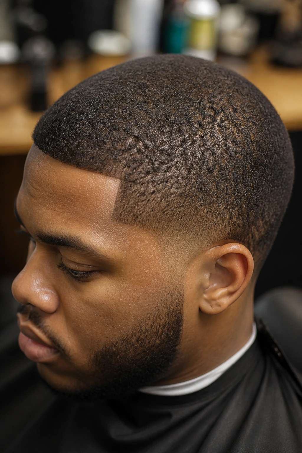 Close-up of a real man with coily hair texture and buzz cut