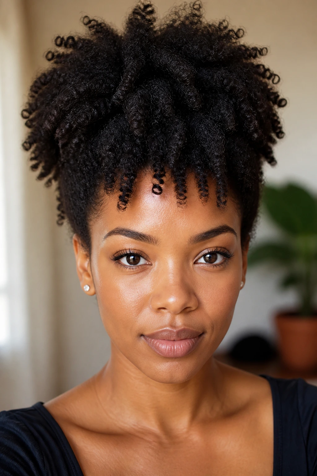 Close-up portrait of a real Black woman with defined coily hair pattern