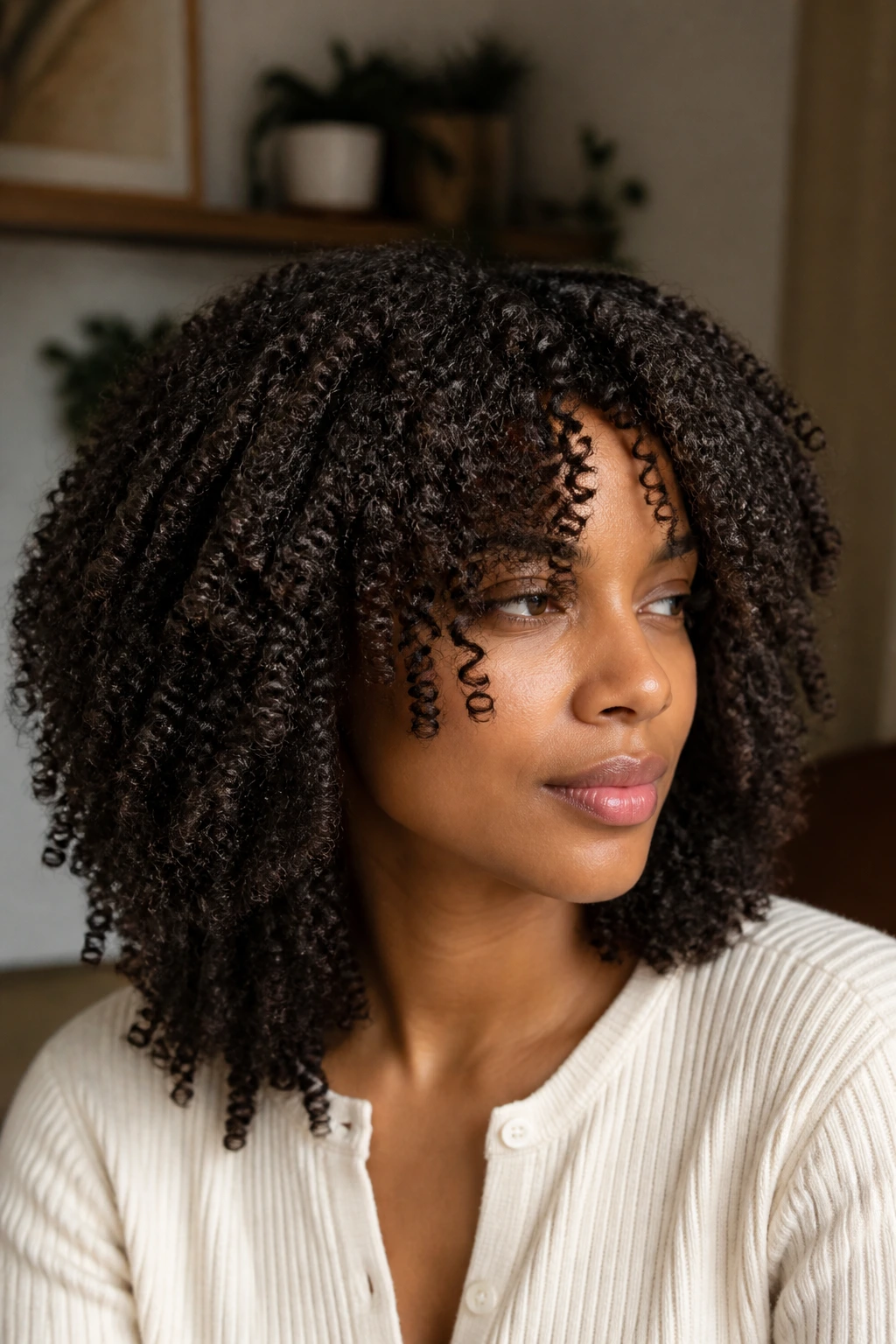 Close-up of a real person with thick coily hair showing layered mid-length cut in warm natural light