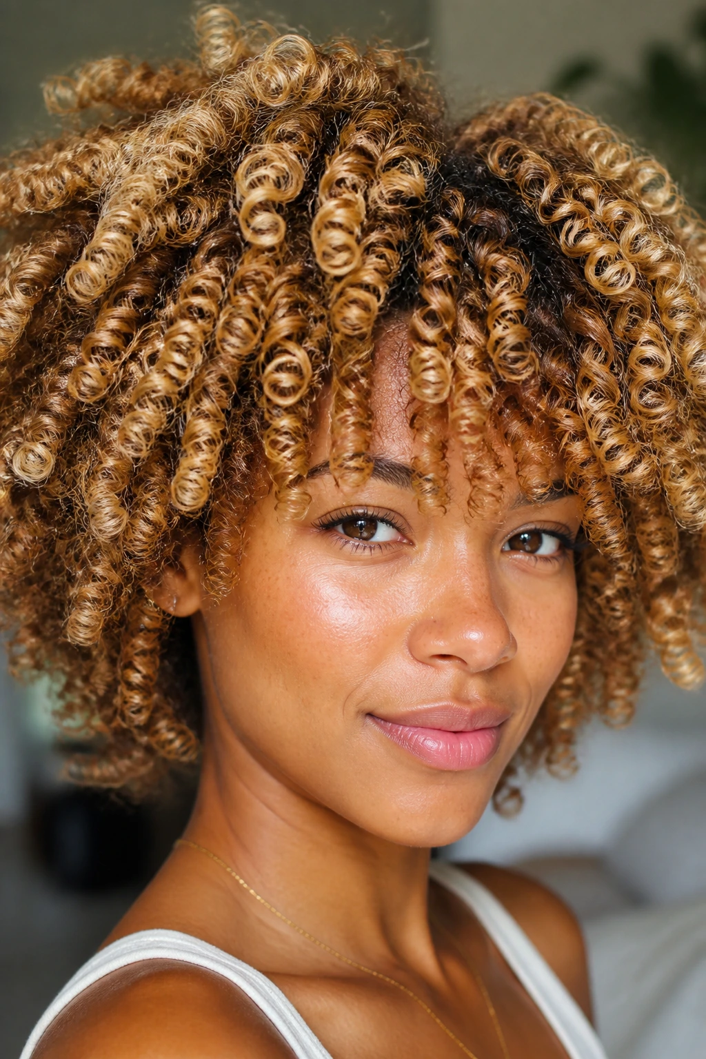 Close-up of coily hair with honey blonde highlights on a real person