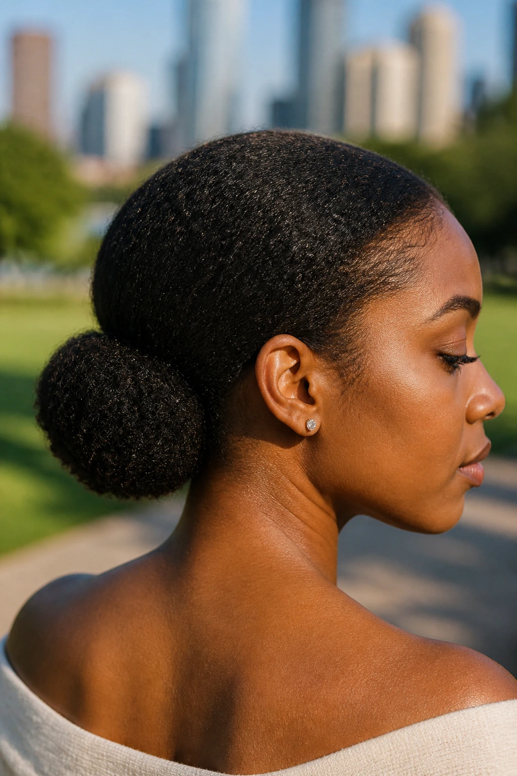 Portrait of a real woman with coily hair in a low puff-bun at the nape