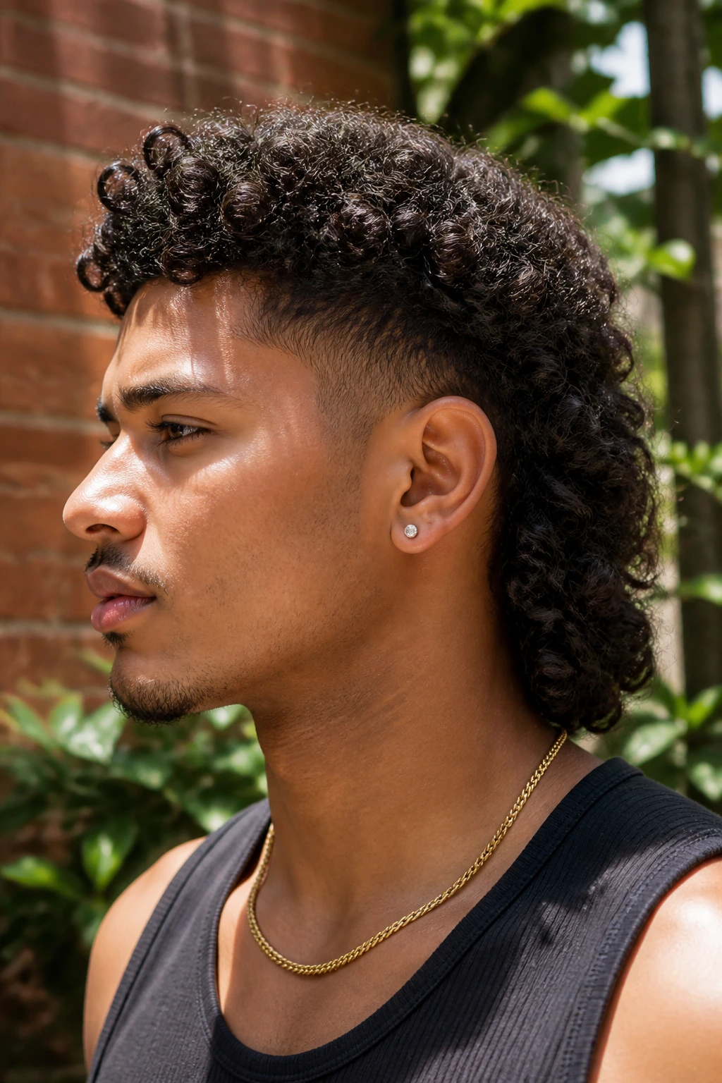 Close-up portrait of a real person with coily mullet and tapered sides in a sunlit courtyard