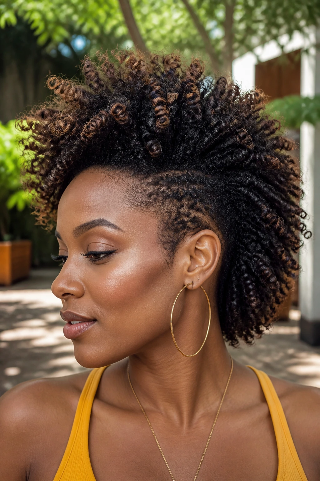 Close-up of a real woman with a coily picked-root hawk hairstyle