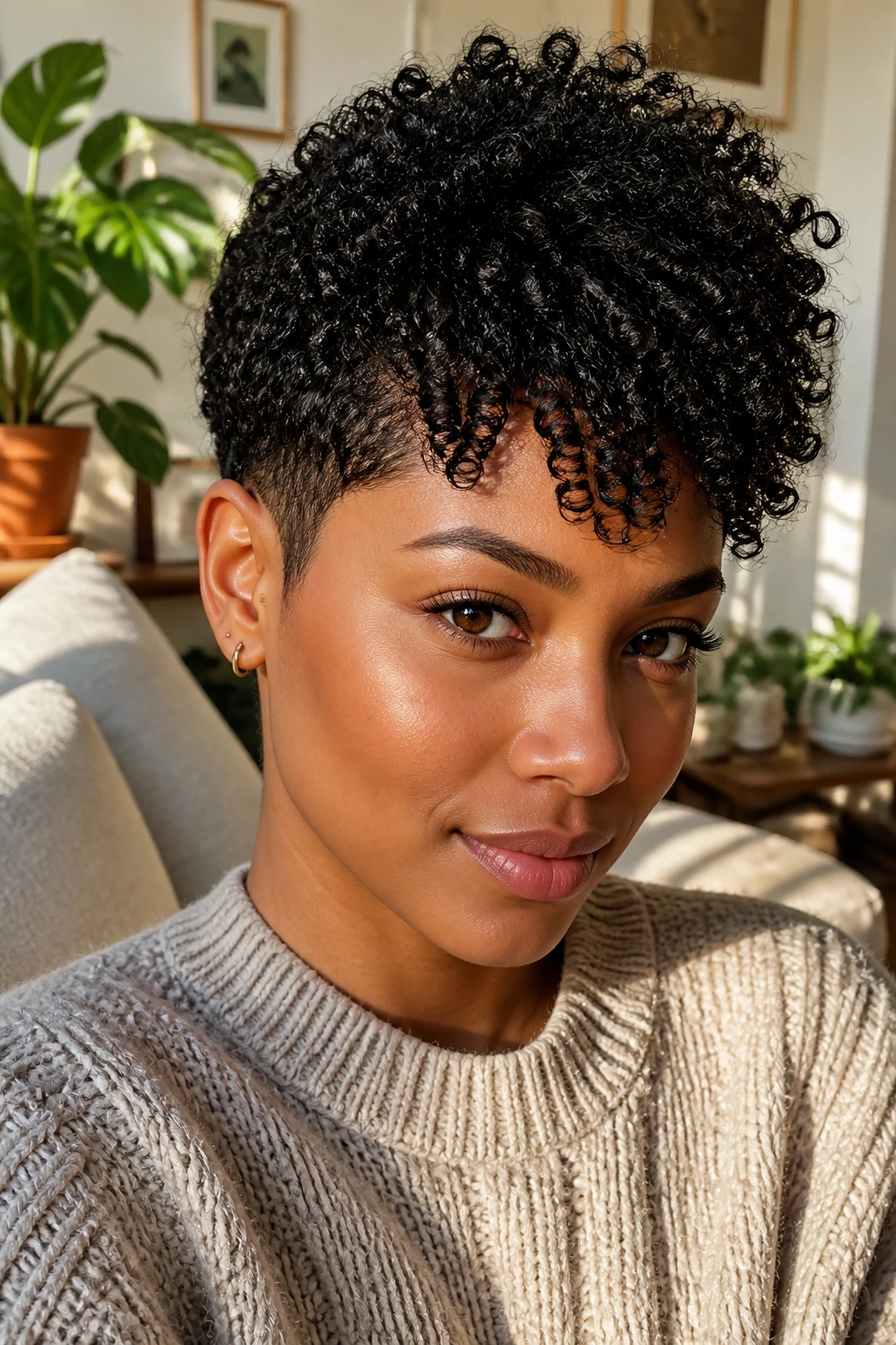 Close-up portrait of a real person with tapered pixie and coil-friendly bangs in a bright living room setting.