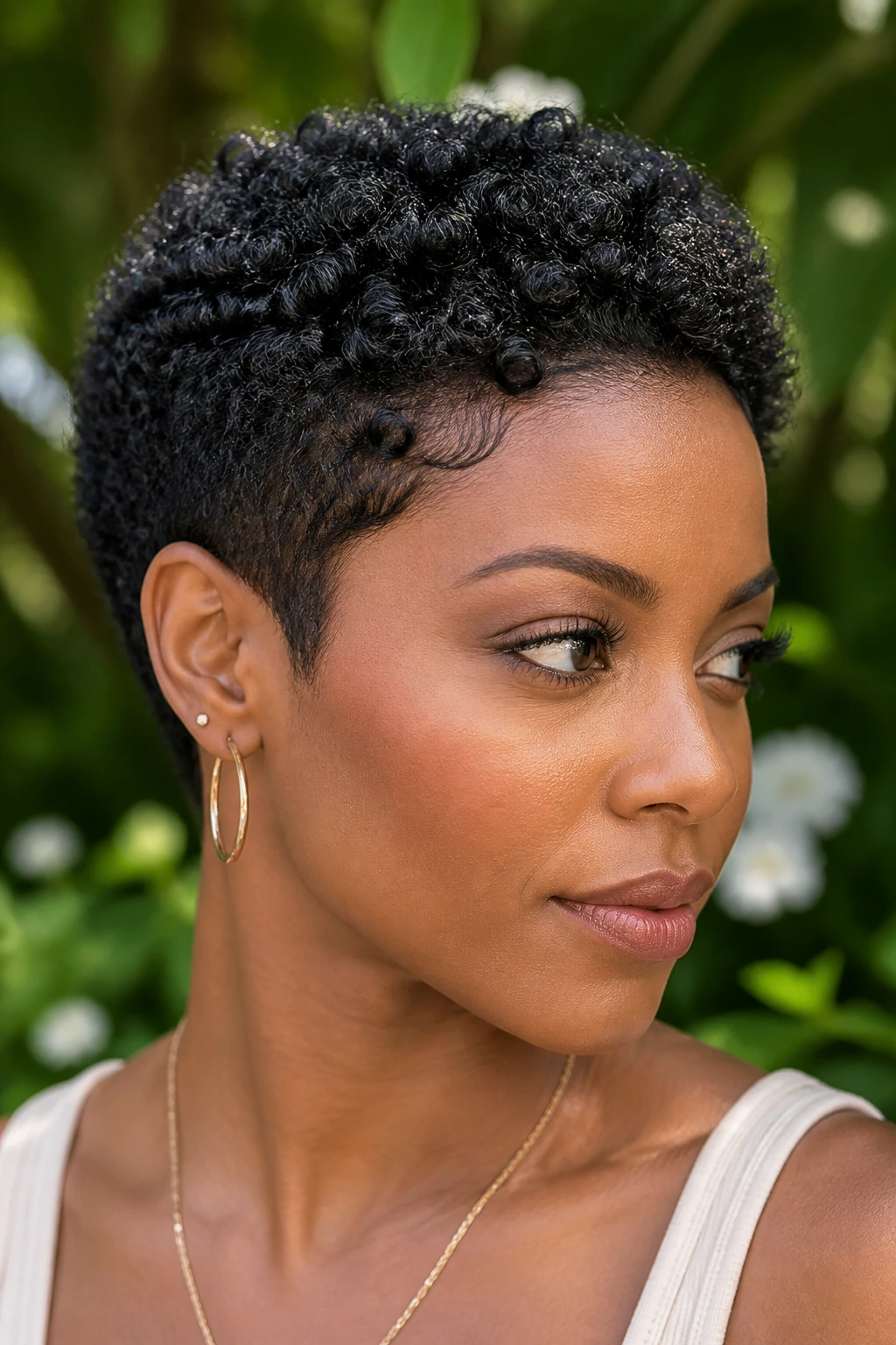 Close-up portrait of a real person with coily pixie showing defined curls