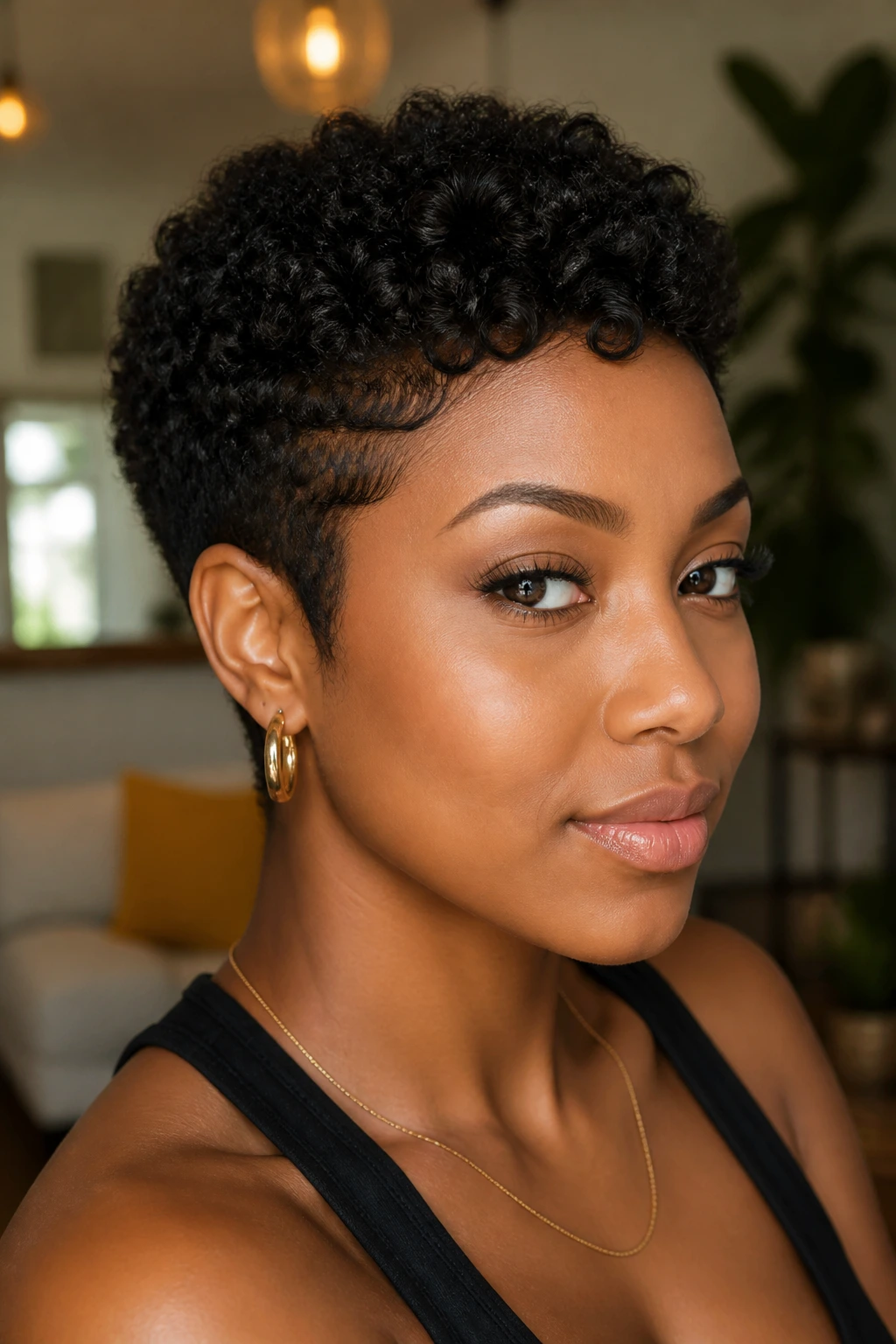 Close-up of a Black woman with a coily pixie cut.