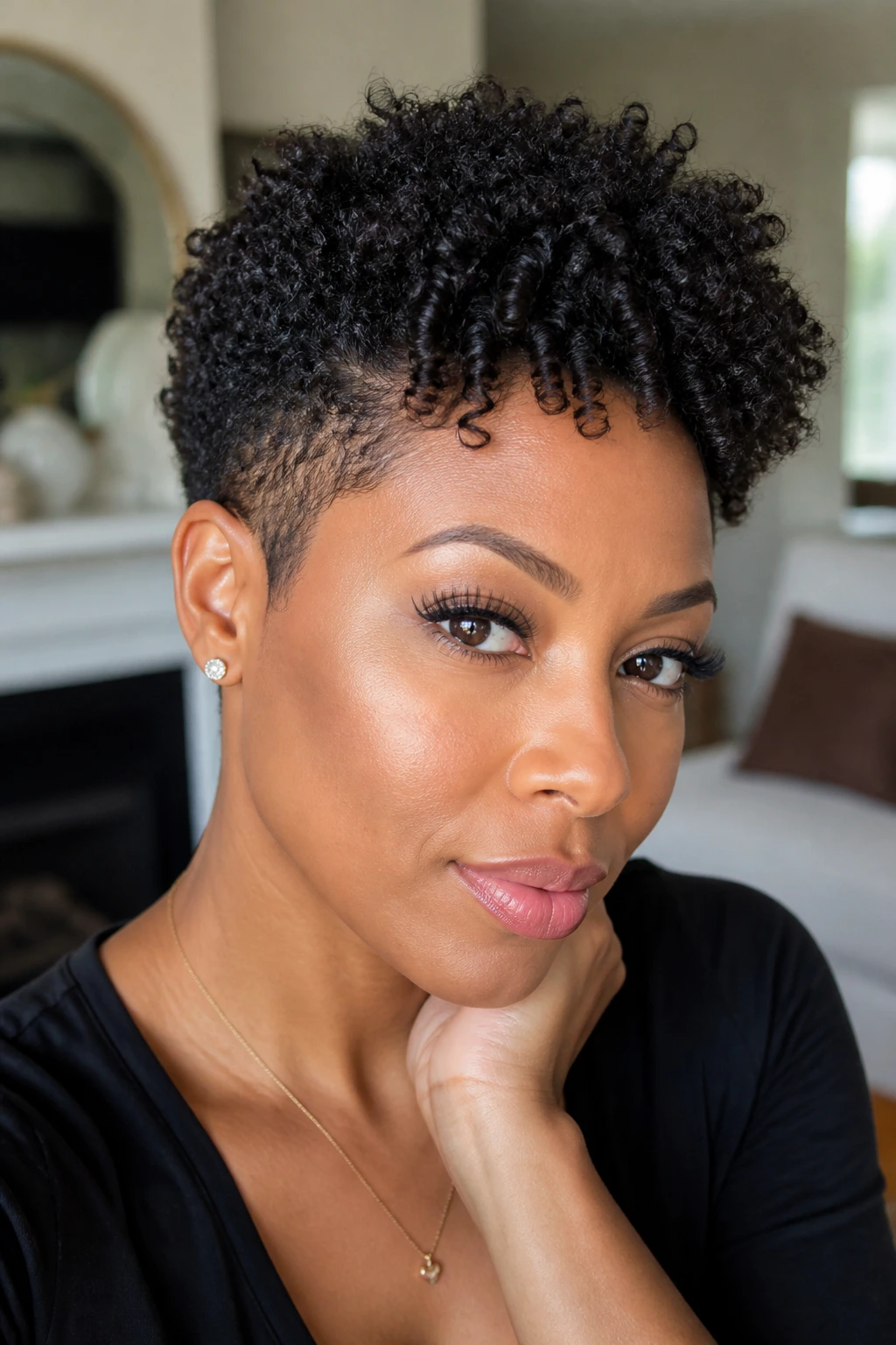 Close-up of a real woman with a Coily Pixie With Defined Top showing defined curls on top