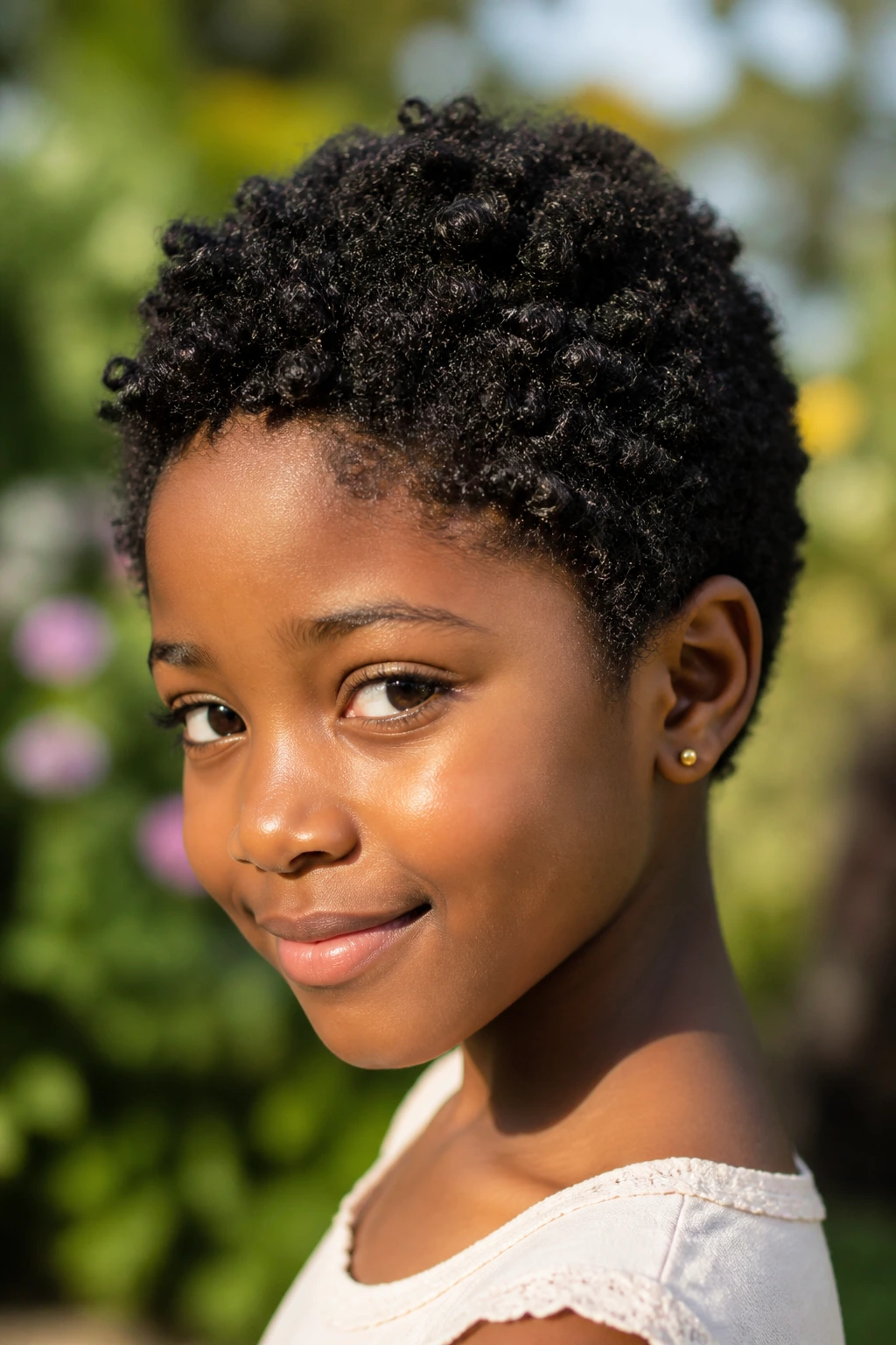 Close-up of a child with natural coily pixie curls in a sunlit garden