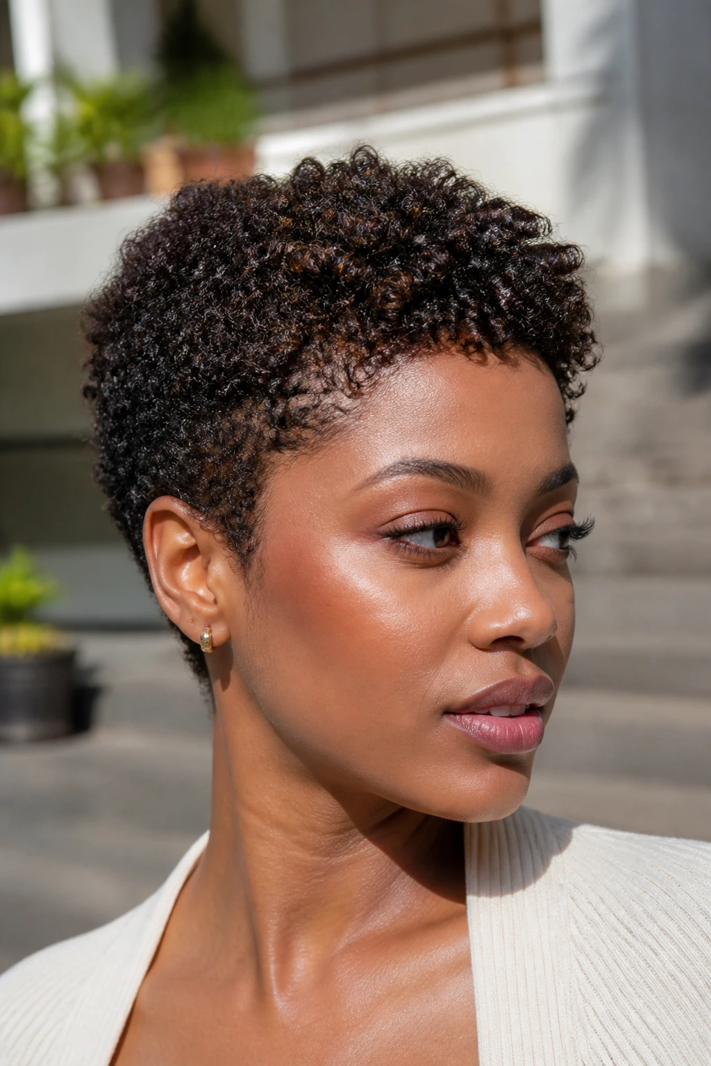 Portrait of a woman with a coily wash-and-go pixie showing defined curls.