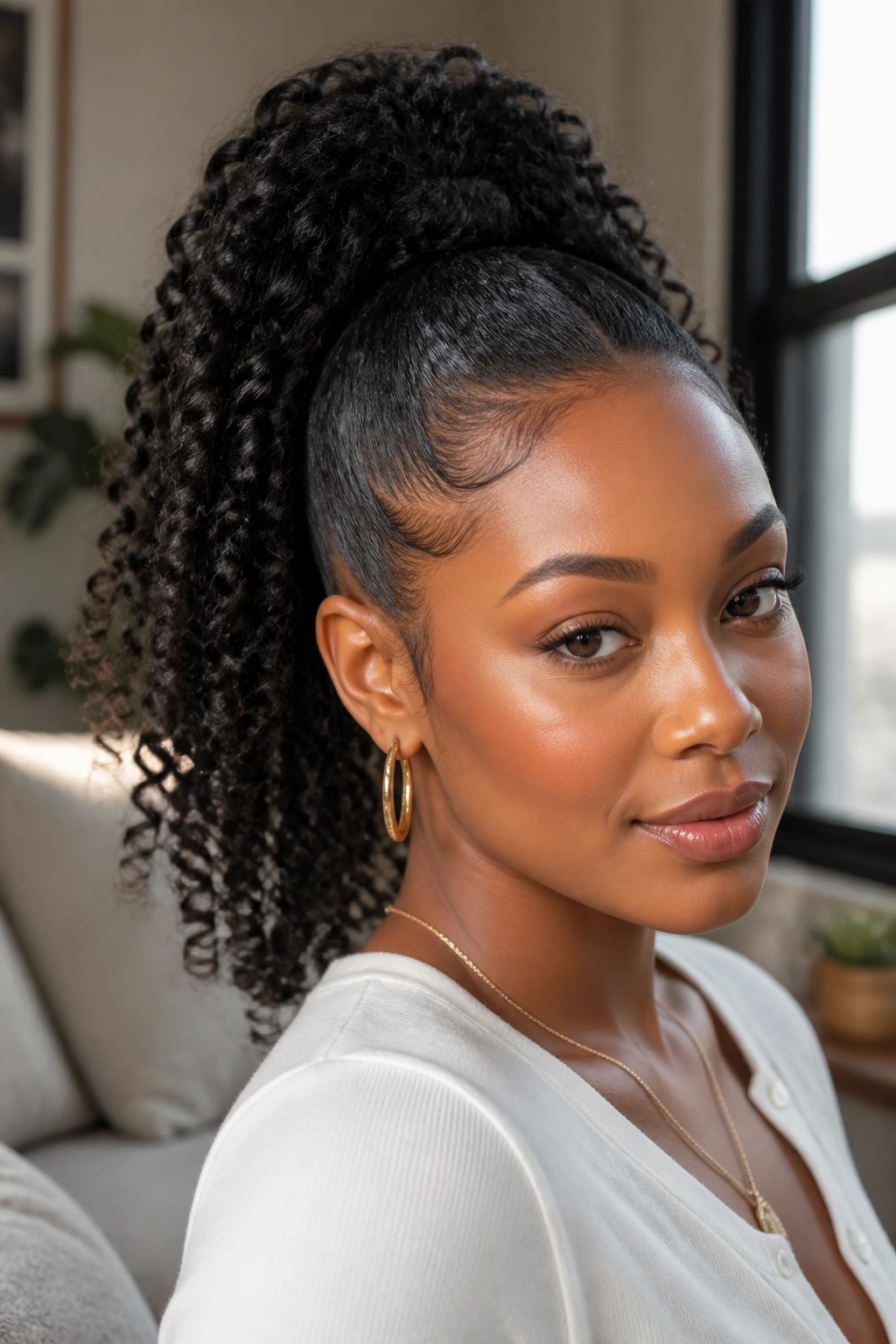 Close-up of a real woman with a coily high ponytail and smooth edges