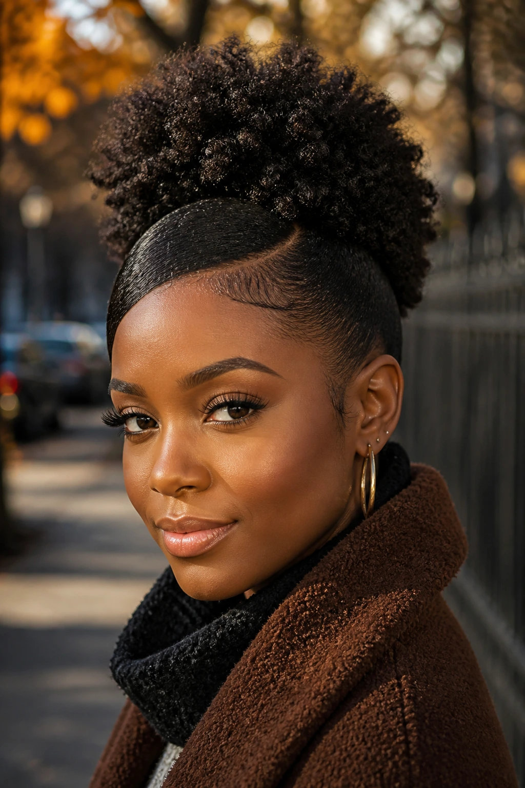 Close-up of a woman with a coily puff and sleek side part