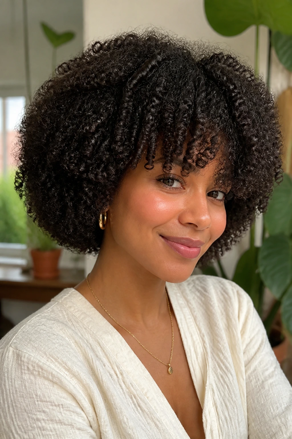 Close-up of coily hair with rounded layers on a real woman