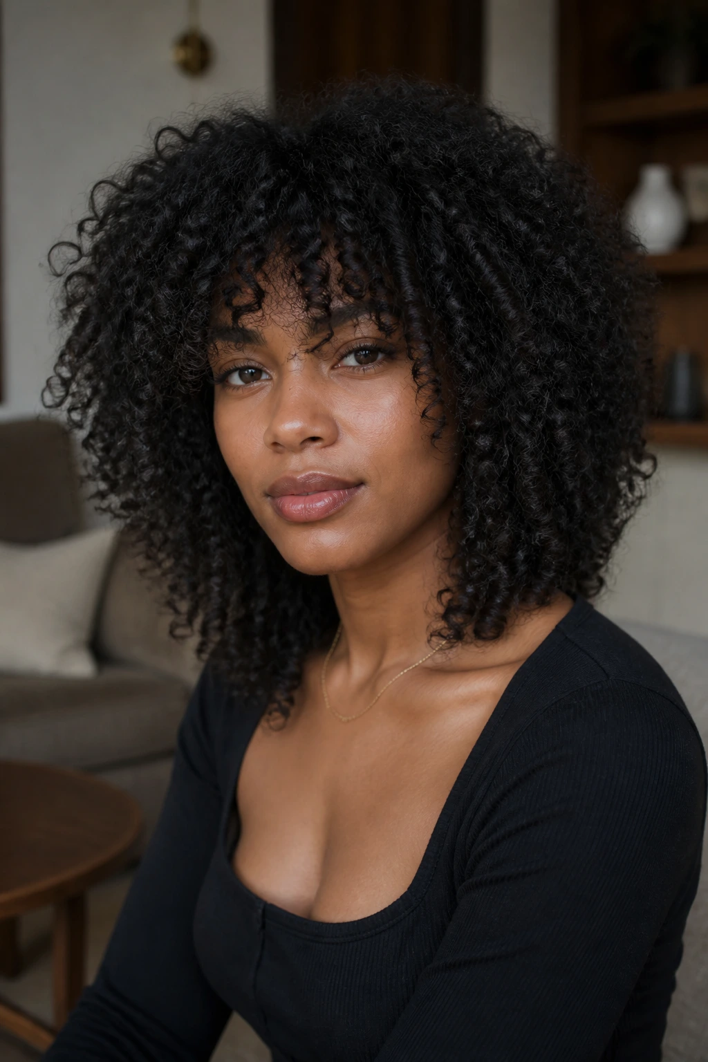 Close-up of a real person with coily shag and blended front layers framing the face