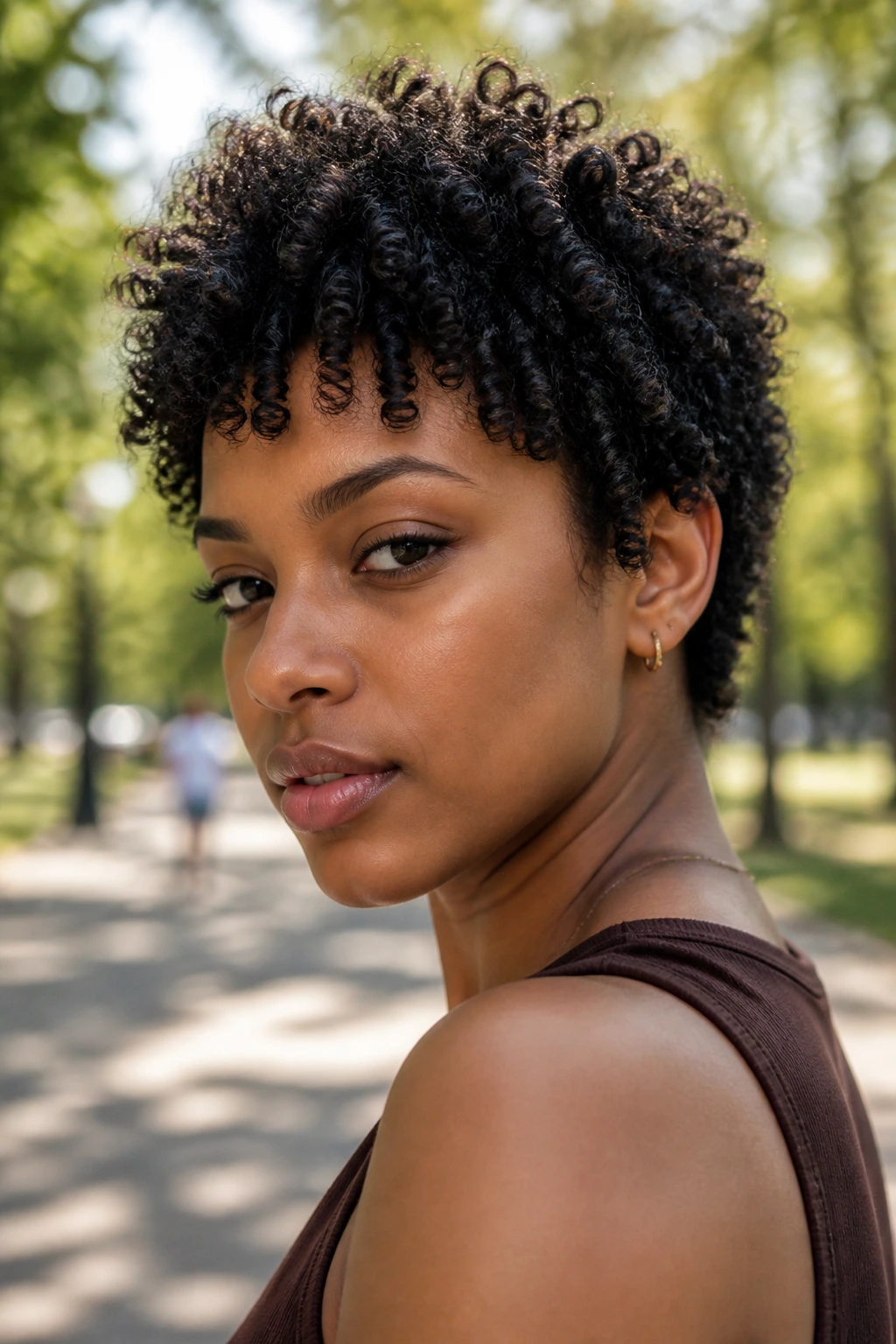 Close-up of a real person with coily cropped shag showing stacked coils and top length.