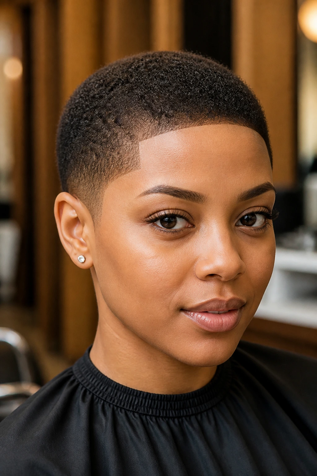 Close-up of a real woman with coily buzz cut and crisp shape-up along hairline