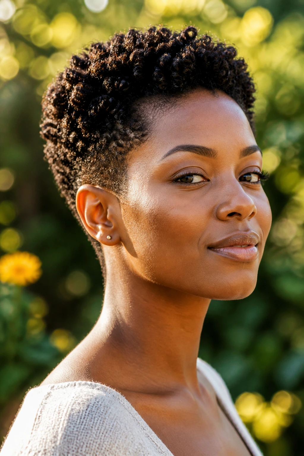 Close-up of a real woman with a defined short coily cut outdoors