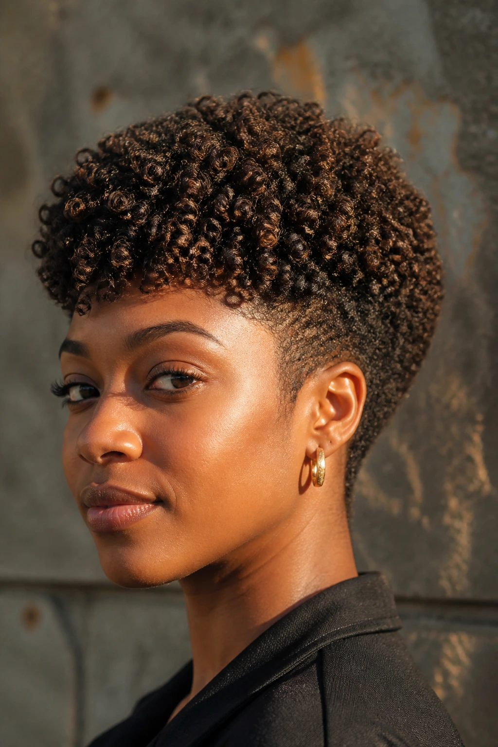 Portrait of a real person with coily tapered shape and sculpted ends