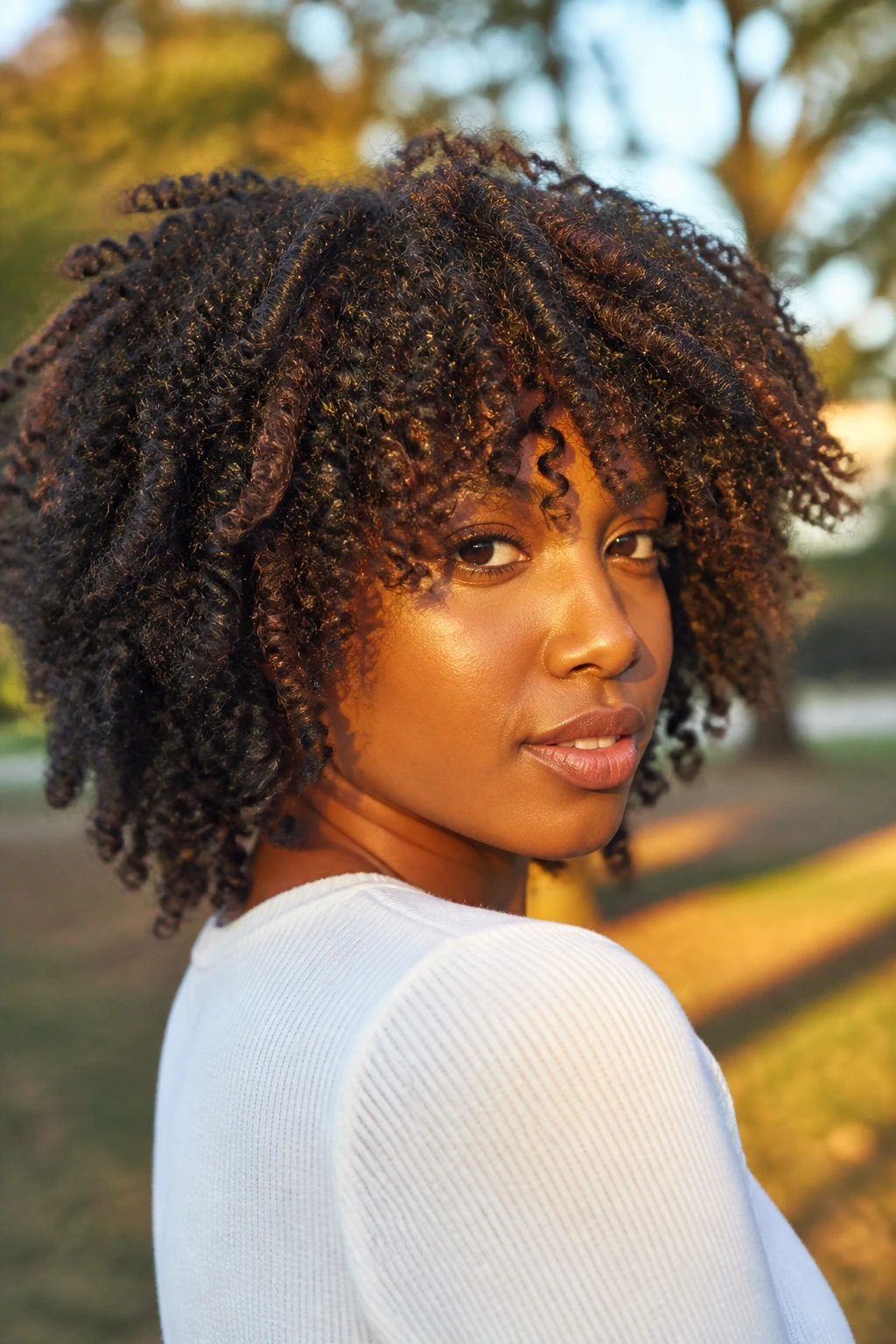 Close-up portrait of a real person with freeform layered coily thick hair