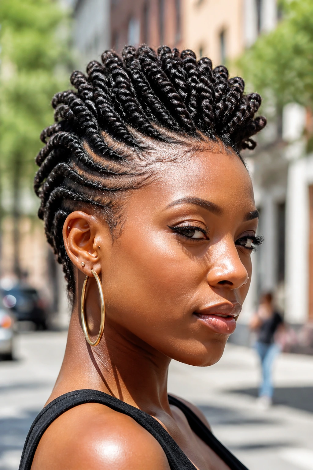 Portrait of a real person with coily twists forming a faux hawk ridge.
