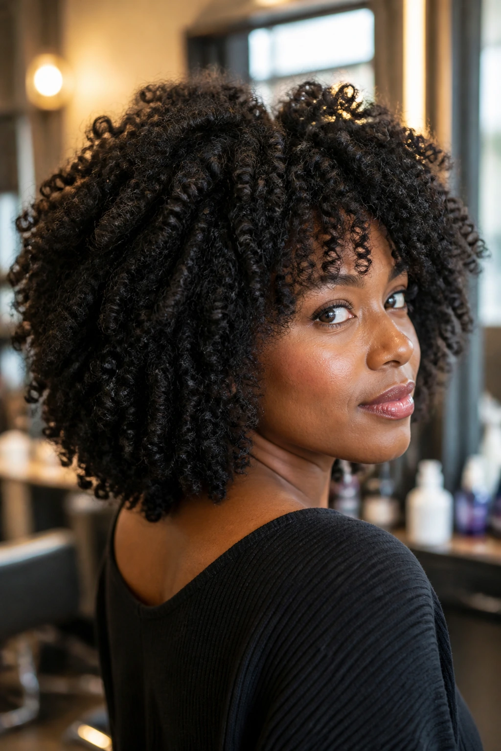 Close-up of a real person with coily voluminous layered hair in a sunlit salon