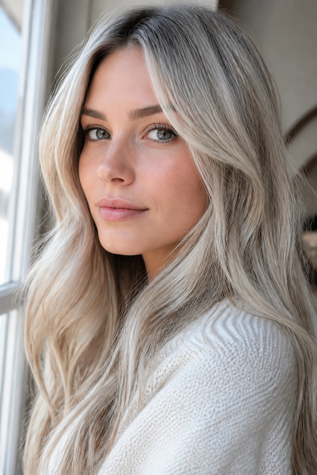 Portrait of a woman with cool-toned cold-light blonde hair in daylight.