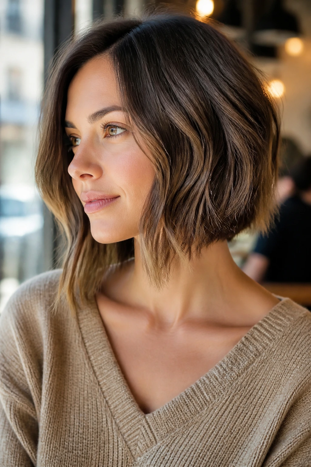 Close-up portrait of a real woman with a collarbone angled bob showing the diagonal line toward the collarbone