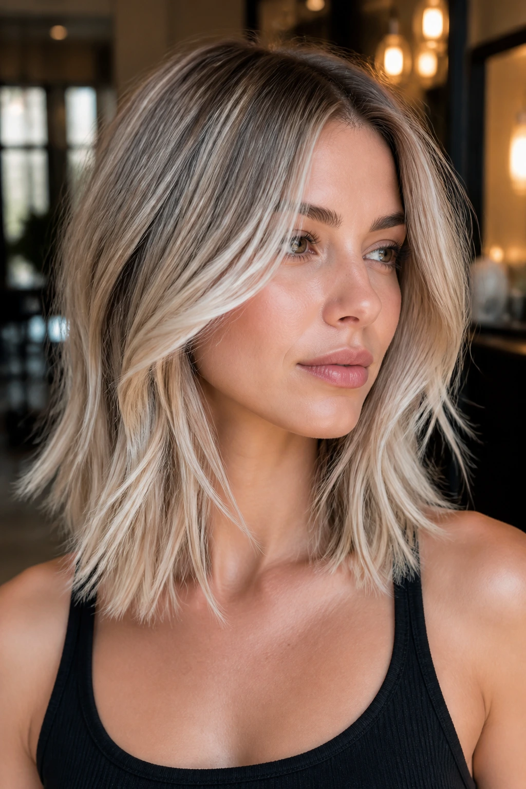 Close-up of a real person with a collarbone-length ash blonde cut with frosted ends