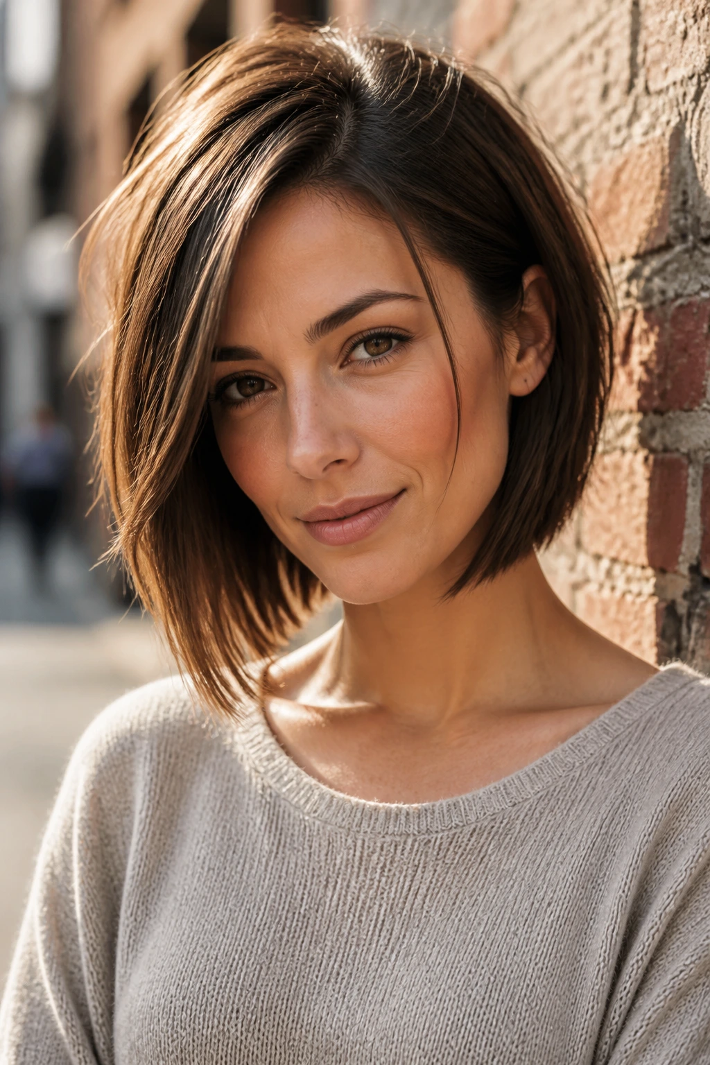 Close-up of a real woman with collarbone-length asymmetrical bob outdoors