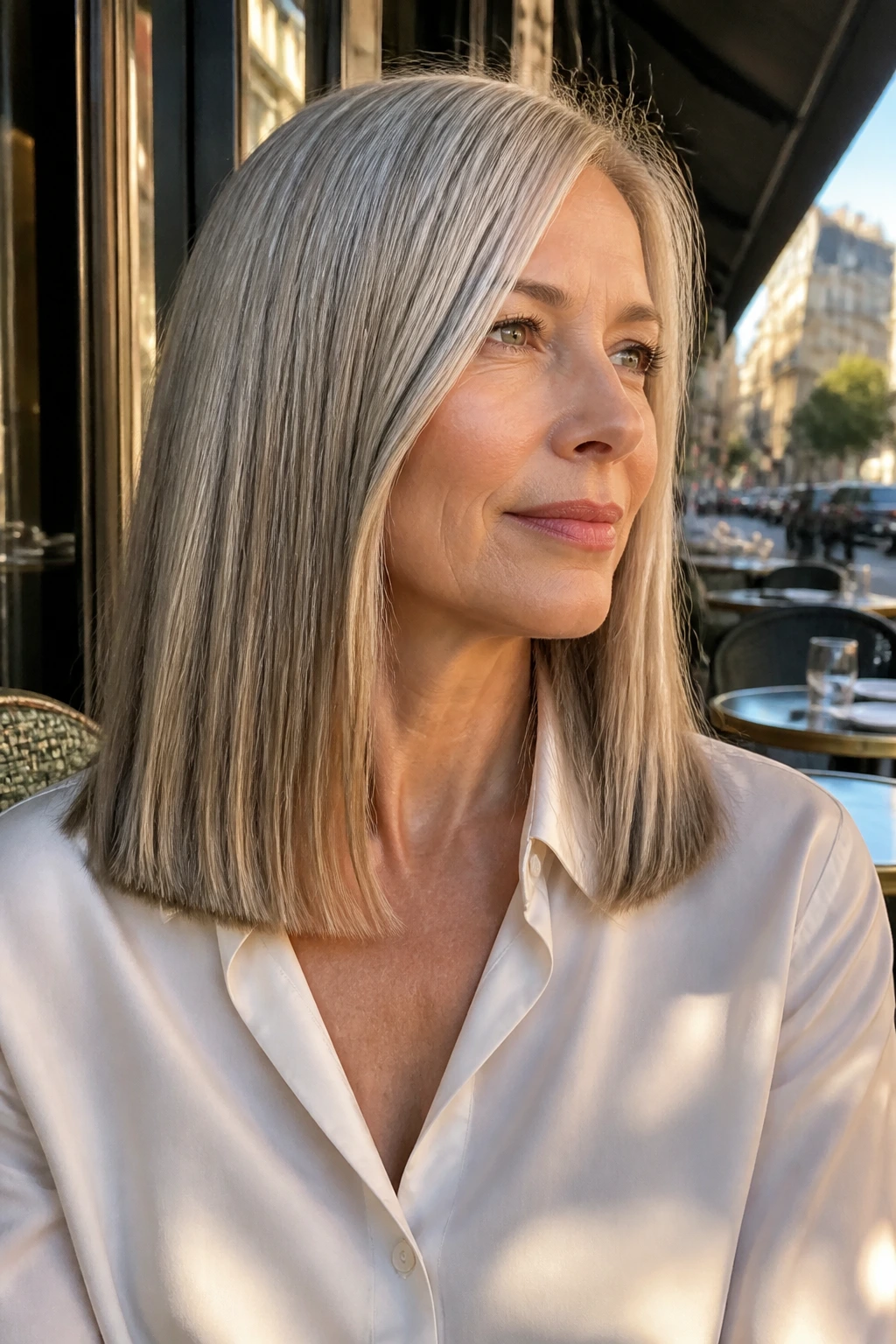 Close-up of a real woman with collarbone-to-back length and blunt edge