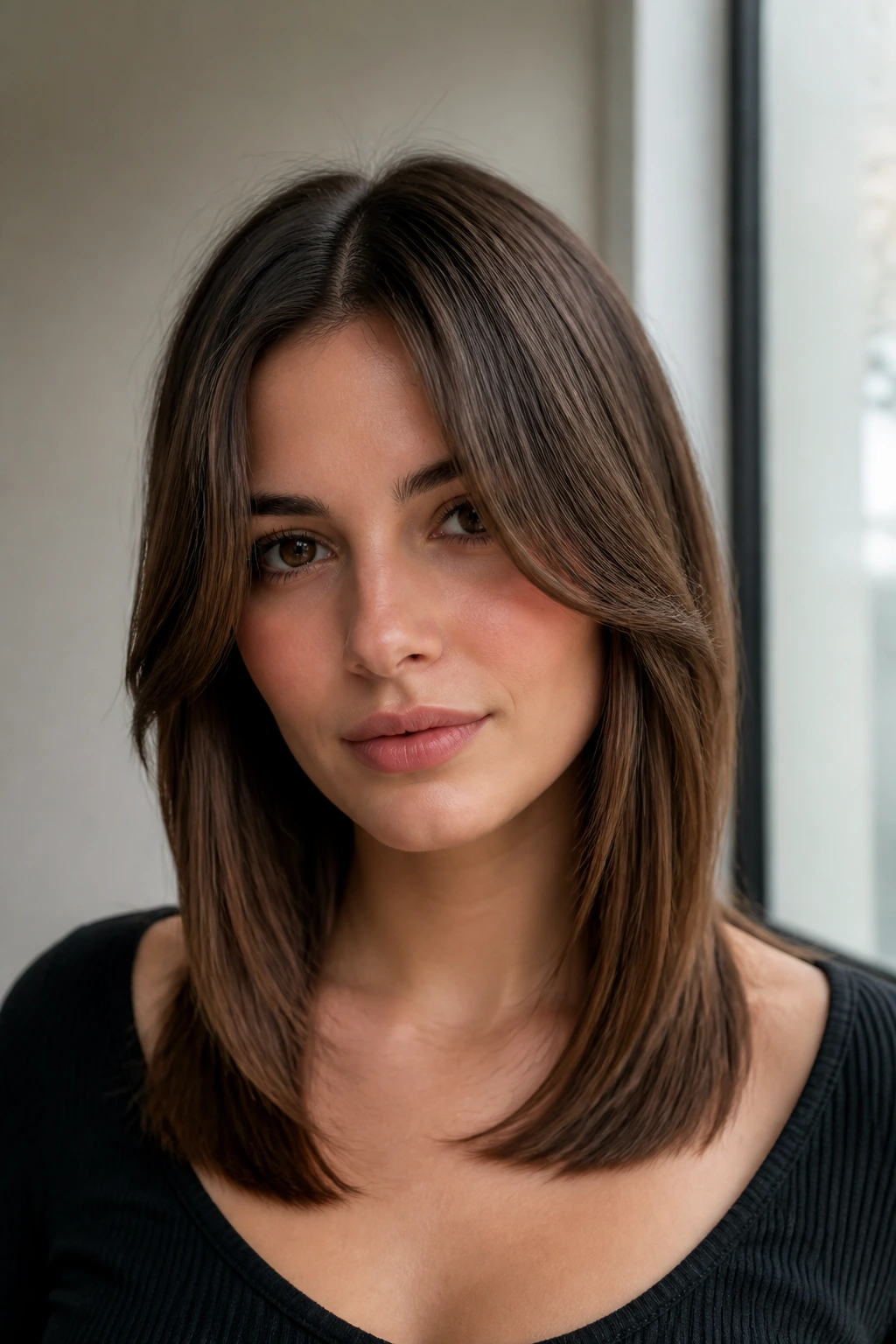 Close-up of a real woman with collarbone-length blend bangs