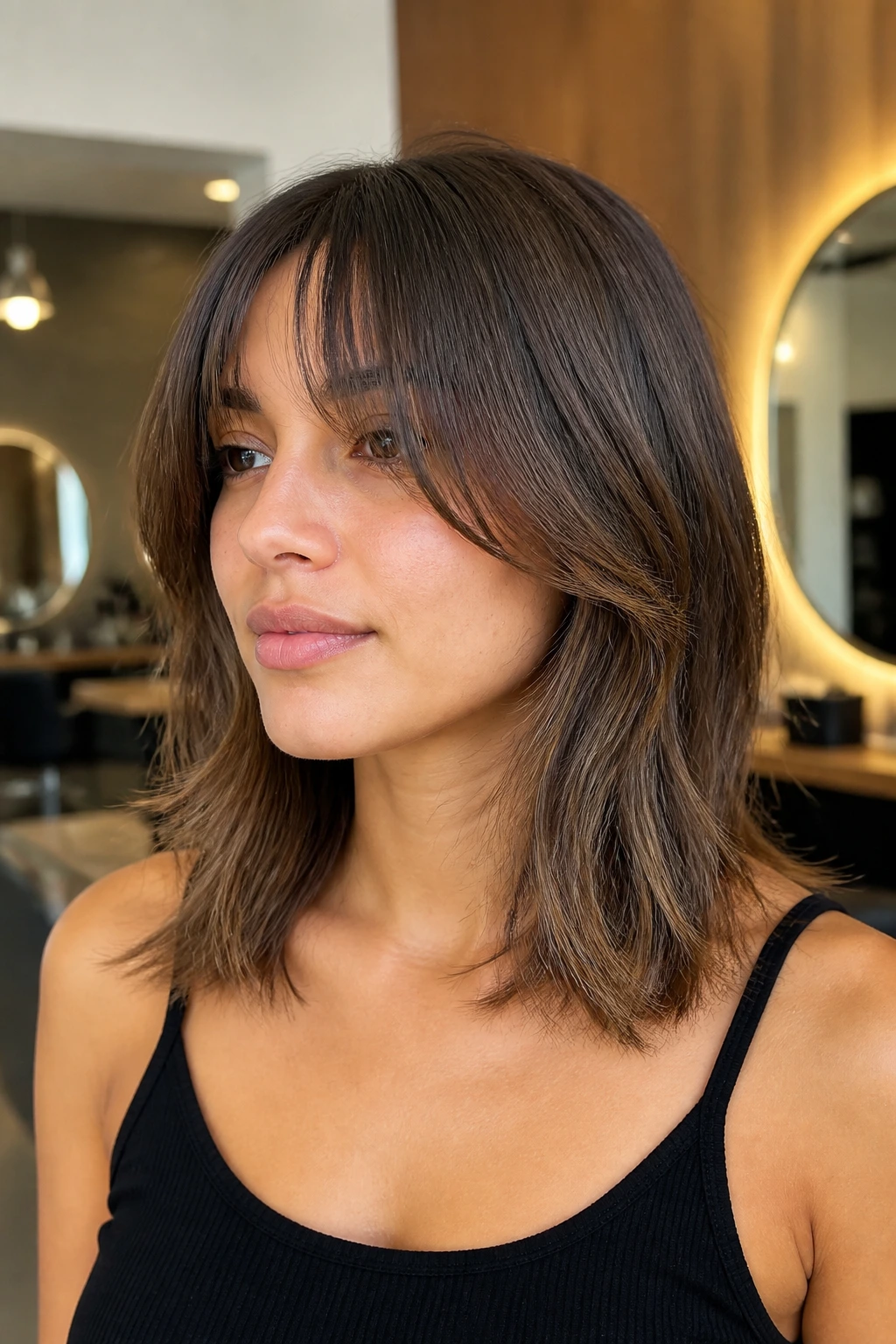 Close-up of a real person with collarbone-blend fringe merging into collarbone-length layers in a salon