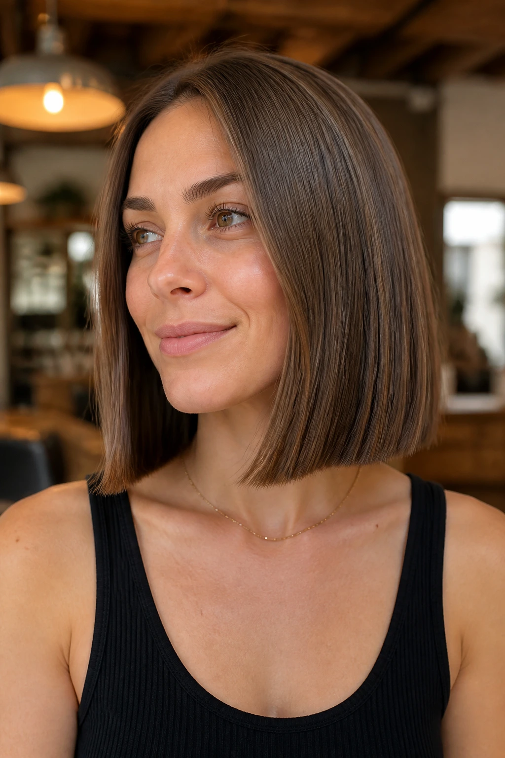 Close-up of a collarbone-length blunt bob on a real person