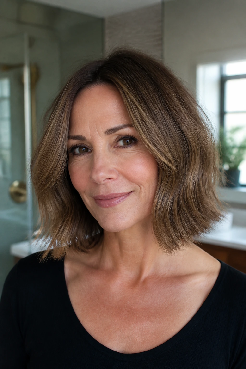 Real woman wearing a blunt collarbone-length cut with a loose bend, in warm bathroom light