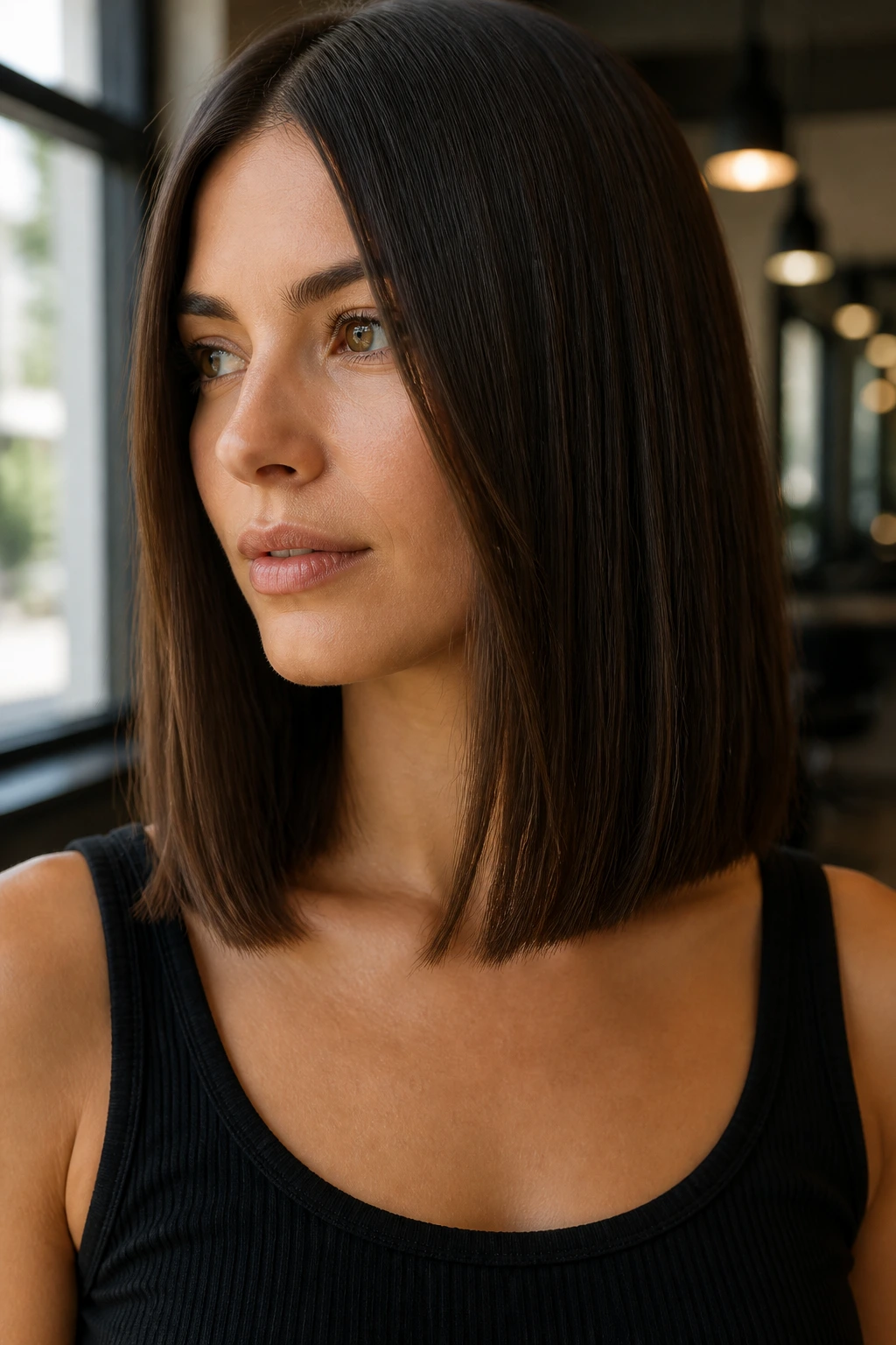 Close-up of a real woman with a collarbone-length blunt cut in a salon setting