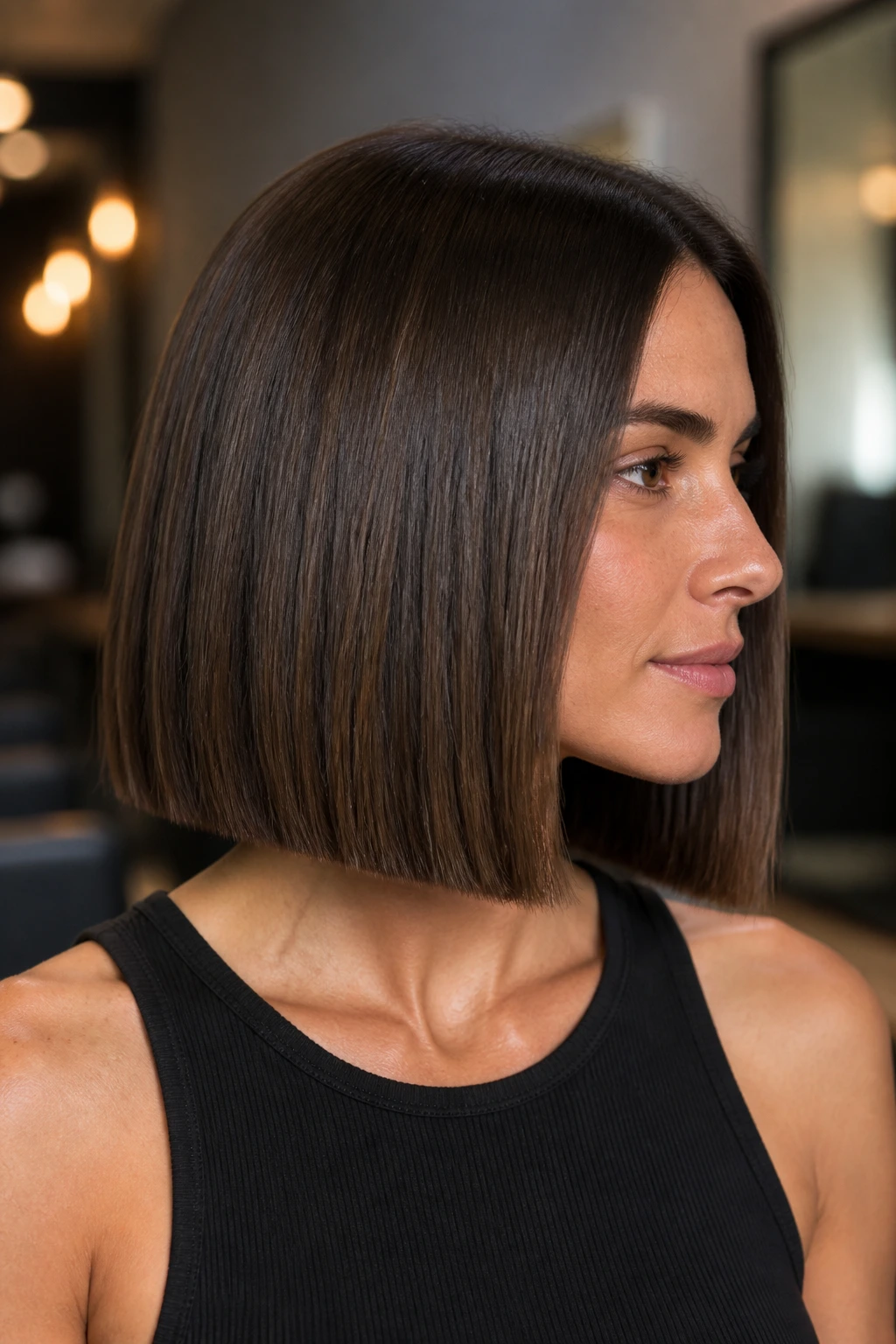 Profile view of a real woman with a collarbone-blunt lob and a clean, even hem.