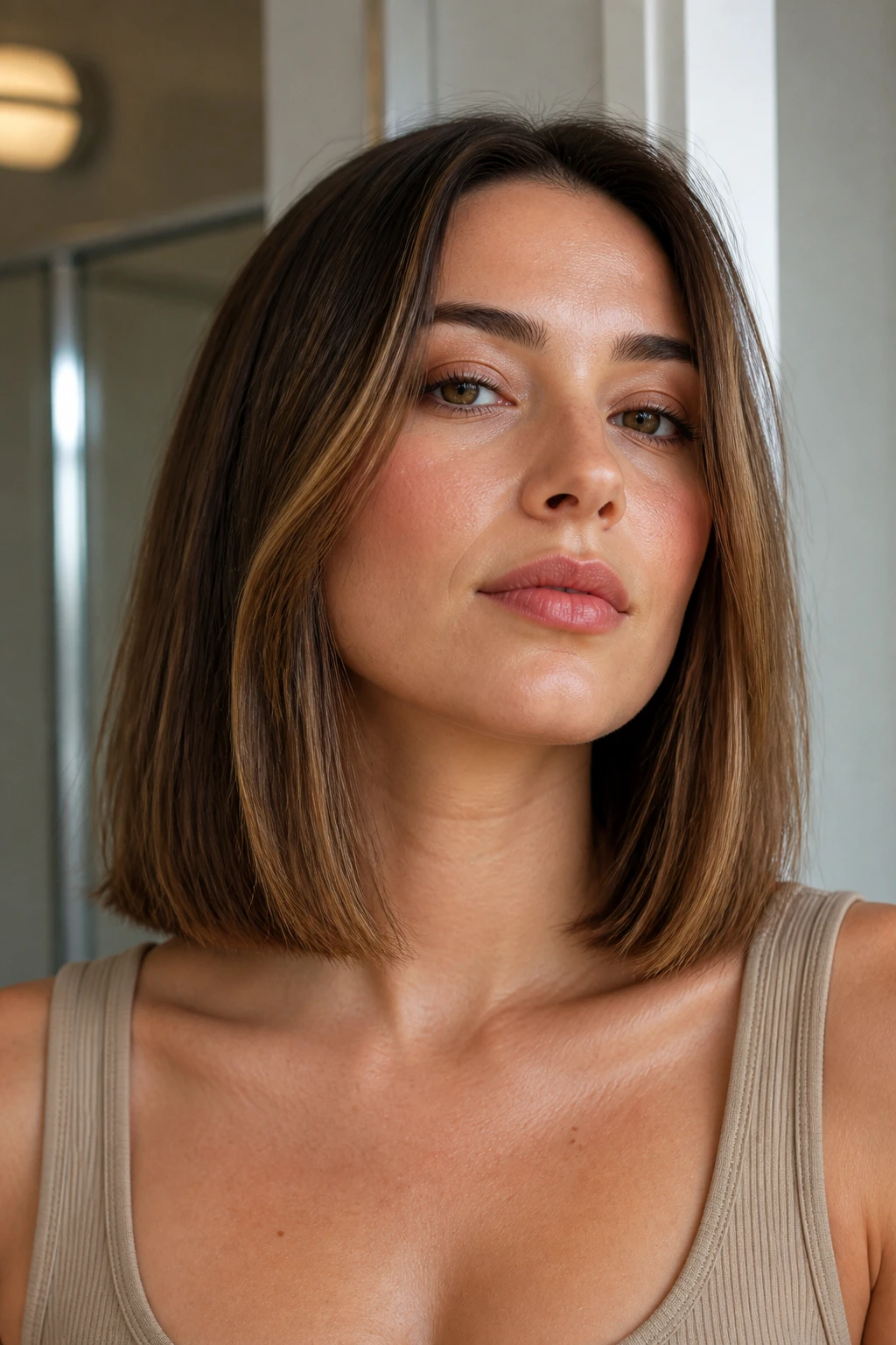 Close-up of a real person with a collarbone-length blunt lob and crisp perimeter.