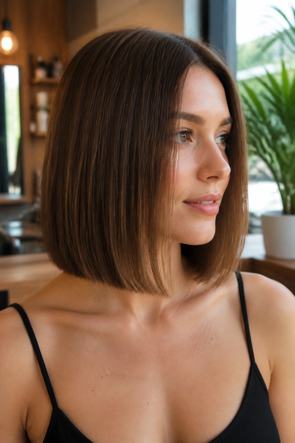 Close-up portrait of a real woman with a collarbone-length blunt lob in natural salon light