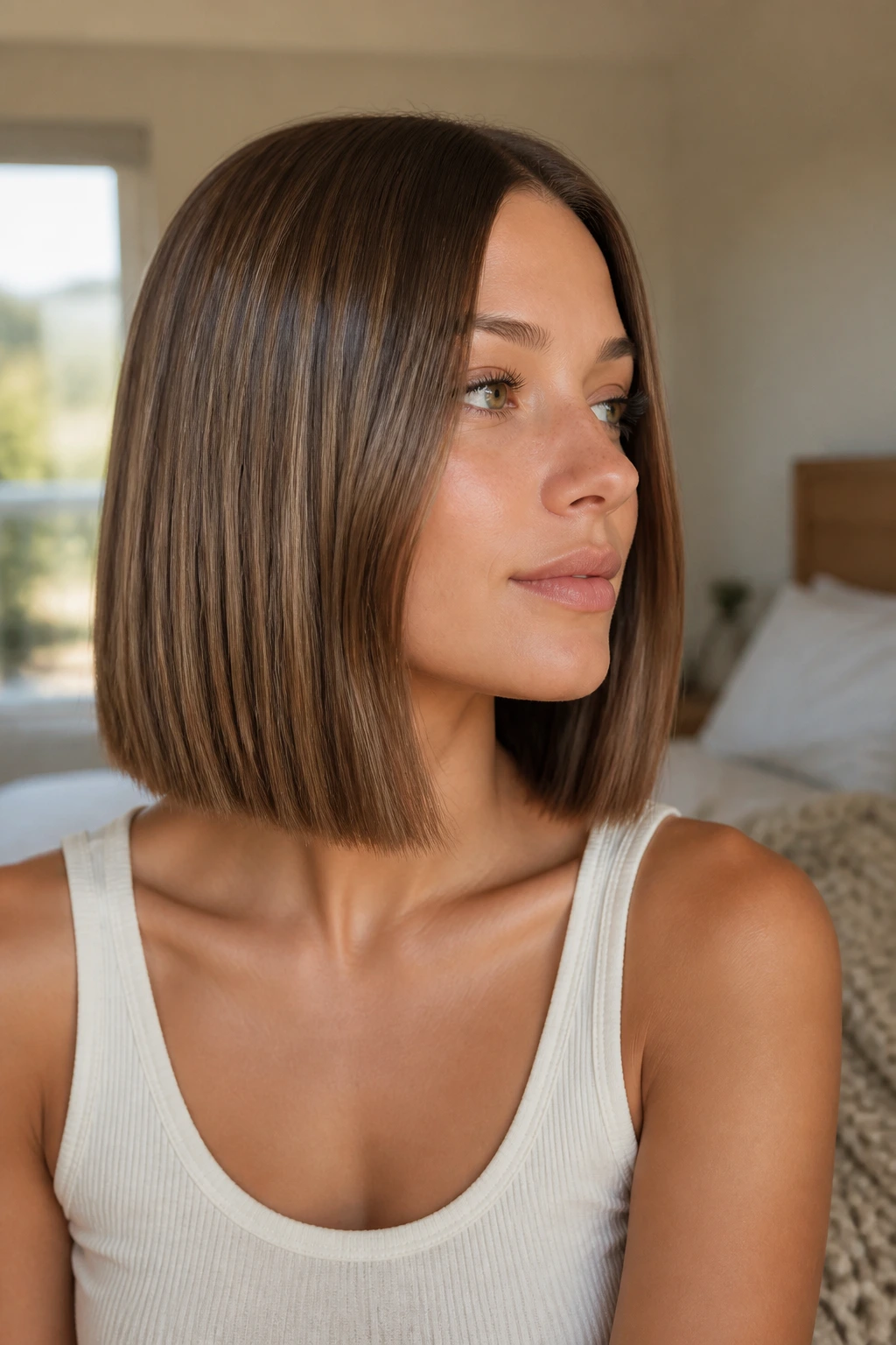 Close-up portrait of a real woman with a collarbone-length blunt lob showing a clean perimeter.