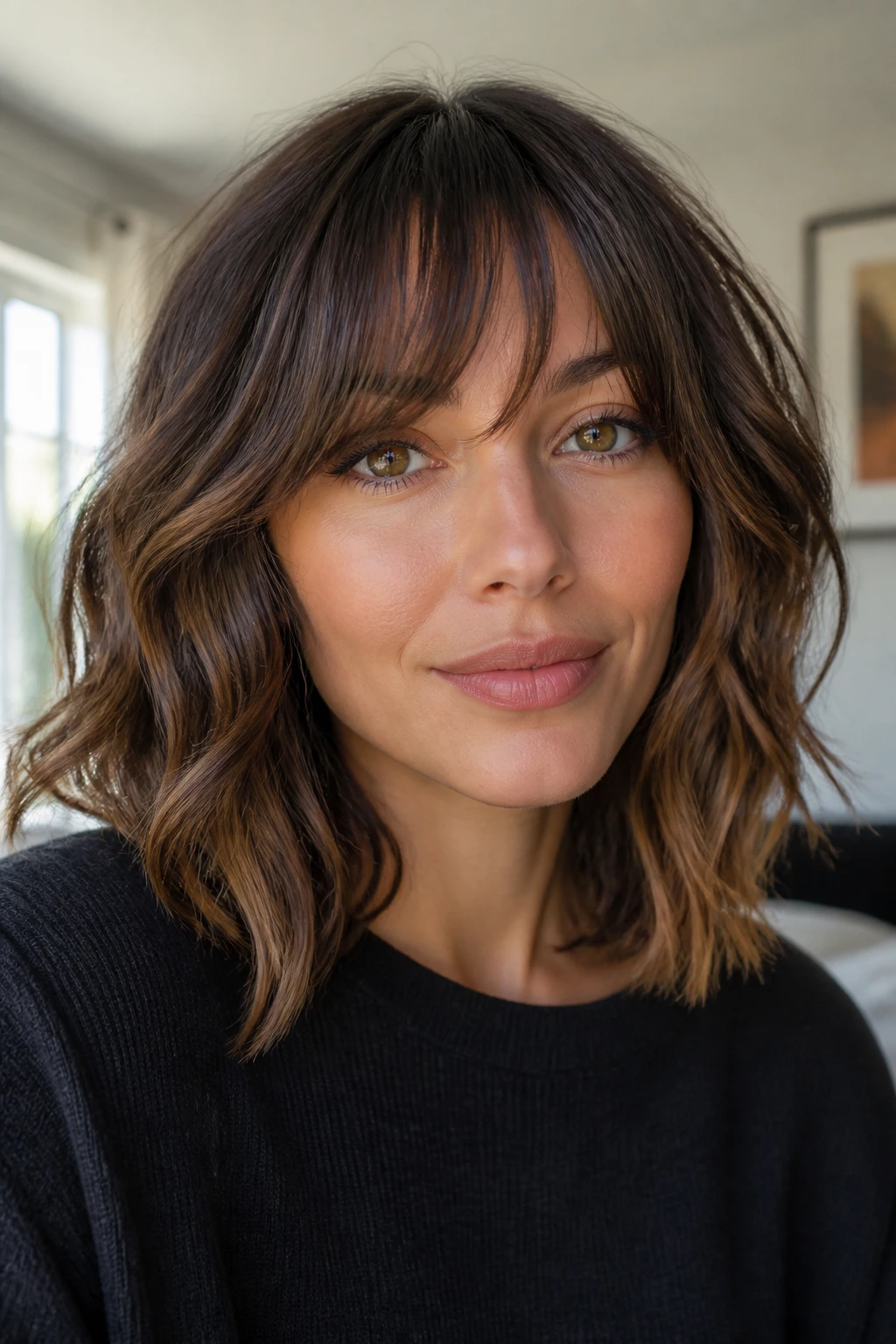 Close-up of a real woman with collarbone-length wavy bob and bottleneck bangs