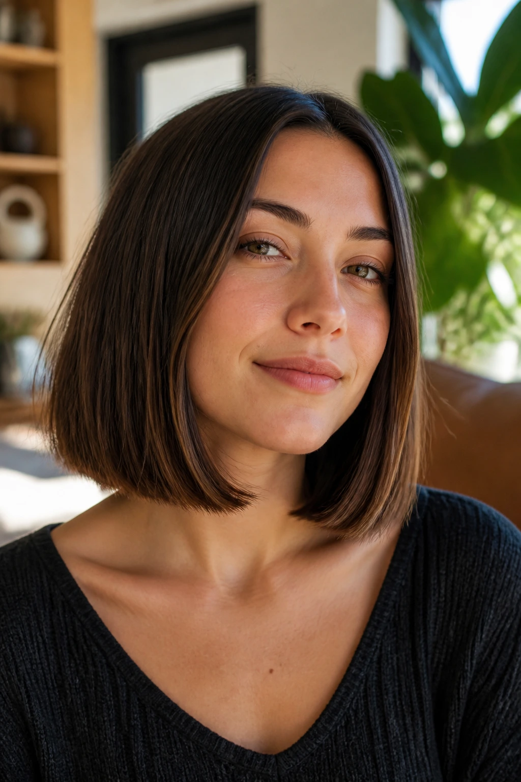 Close-up of a real woman with a collarbone-length bob in warm light