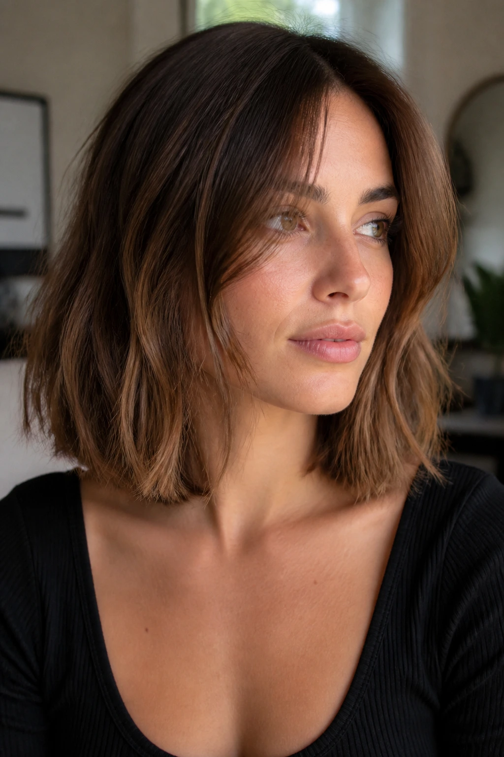 Close-up of real person with collarbone-length bob and soft layers, air-dried look